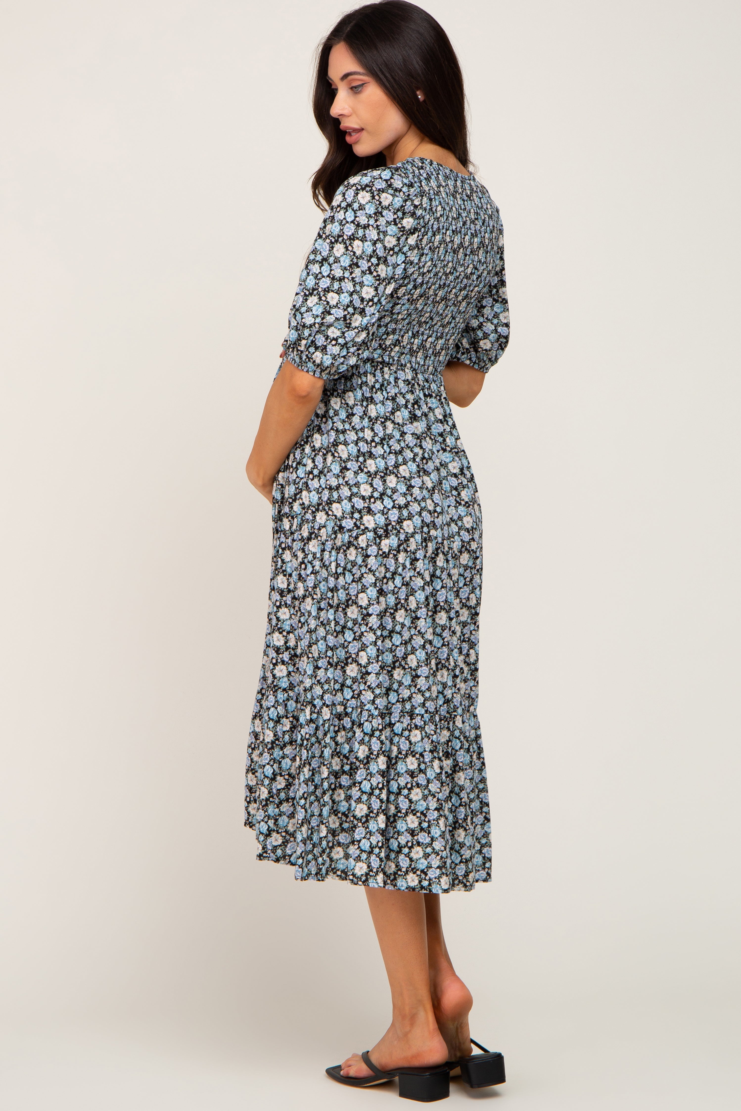 Black Floral Smocked Tiered Maternity Midi Dress
