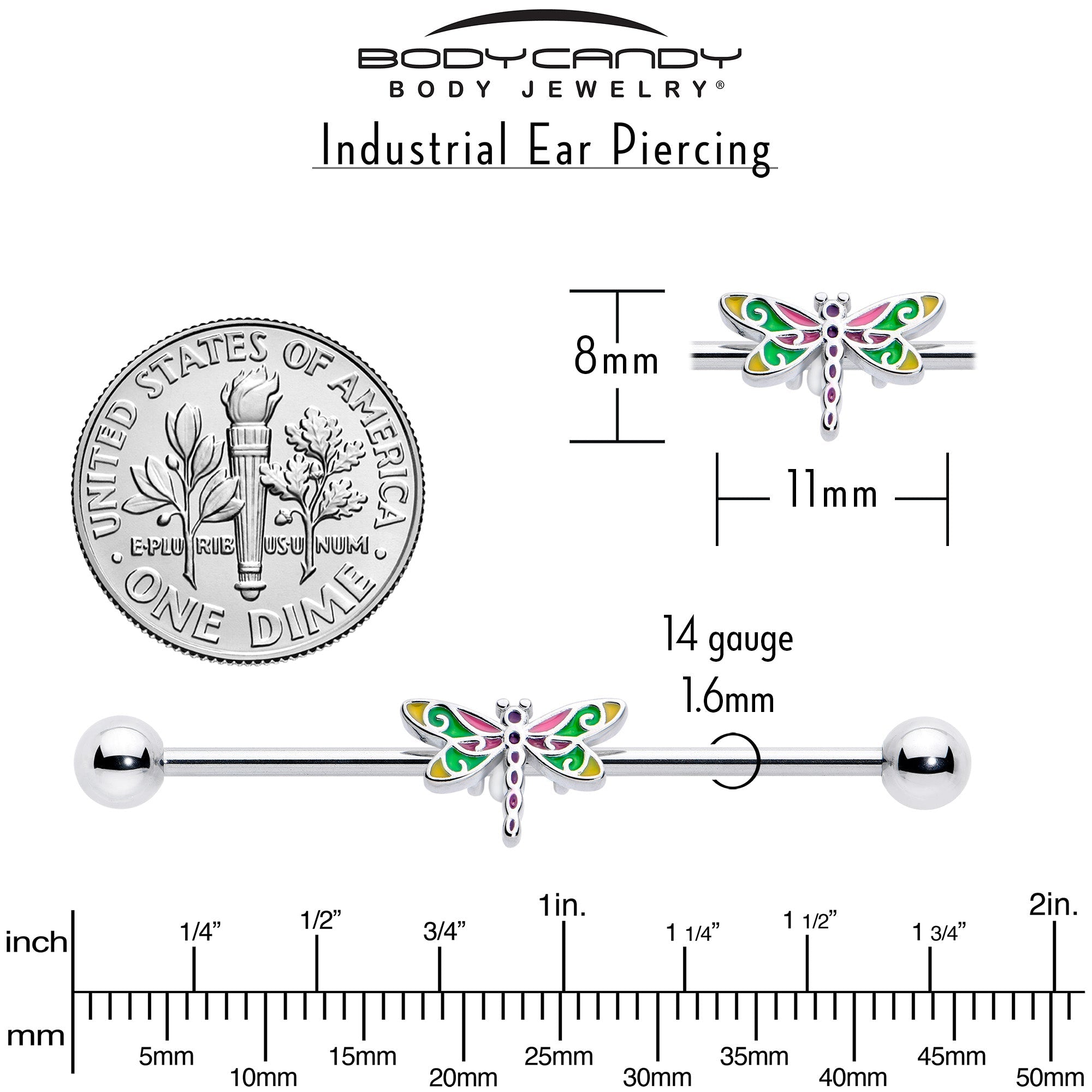 14G Dragonfly Colors Industrial Barbell 38mm