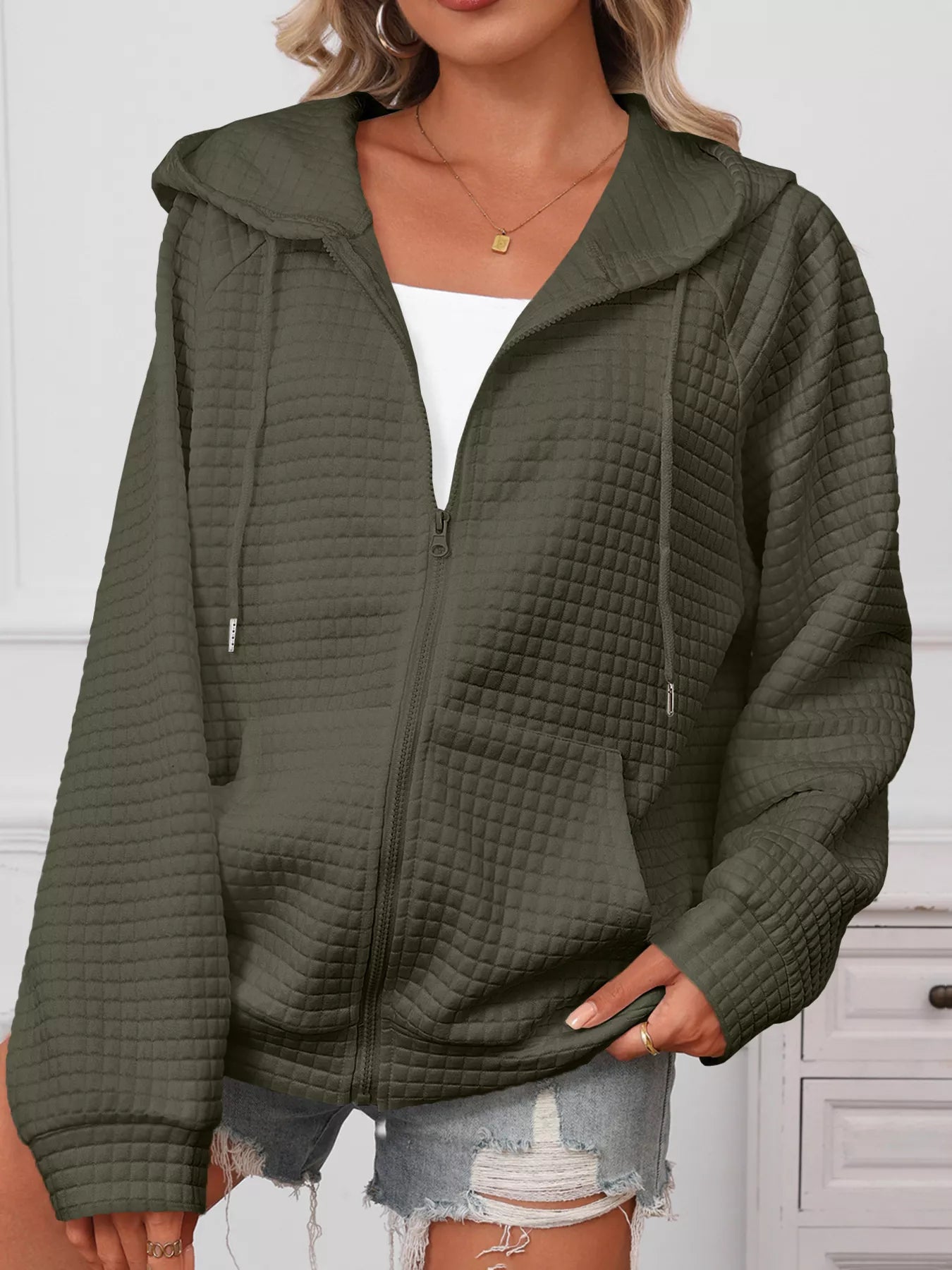 Full Size Textured Quilted Zip-Up Hooded Jacket Plus Size