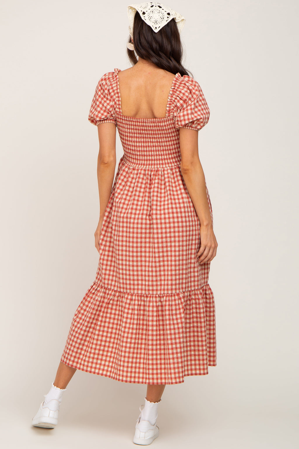 Rust Gingham Smocked Maternity Midi Dress