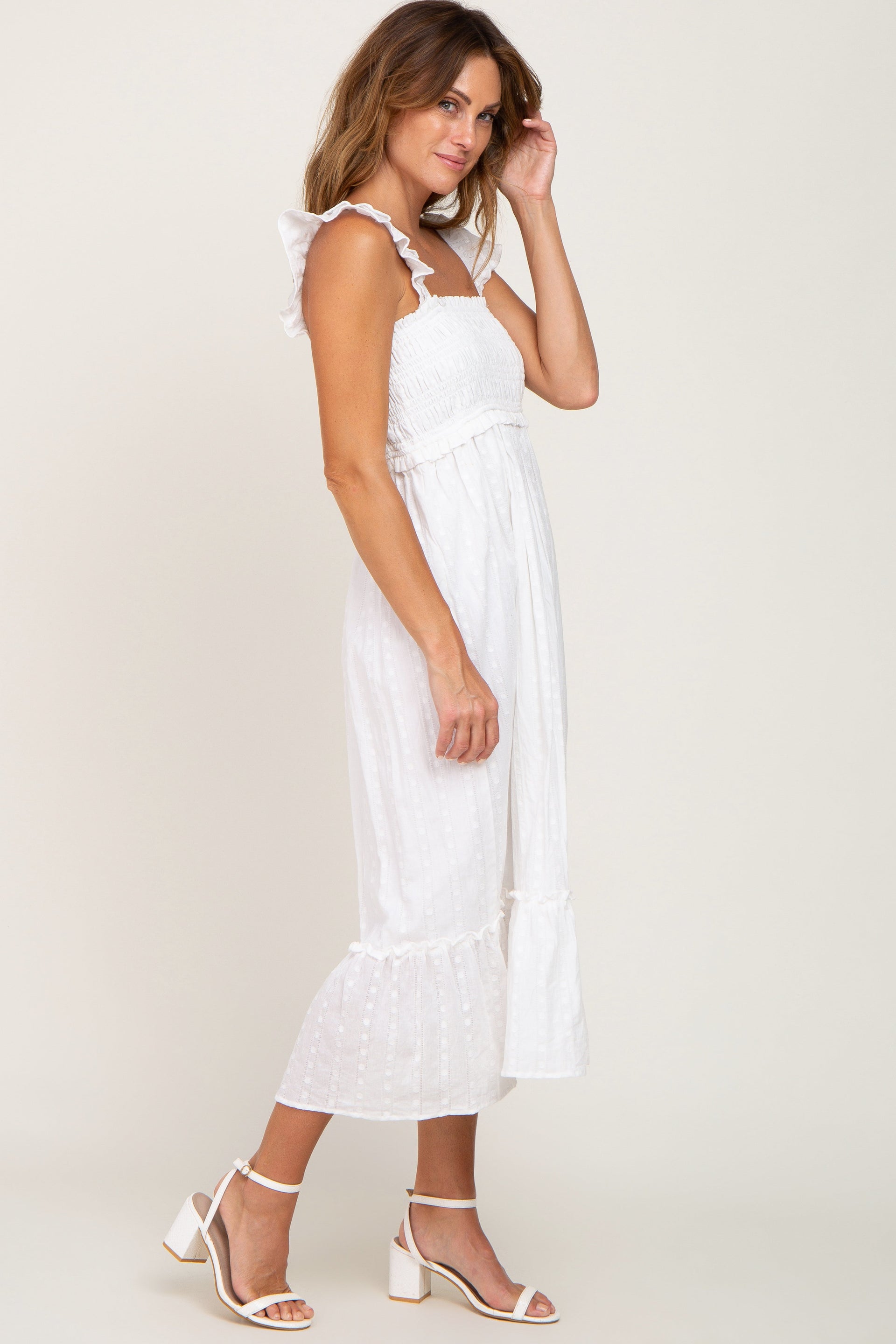White Textured Smocked Midi Dress with Flutter Straps - Image 2
