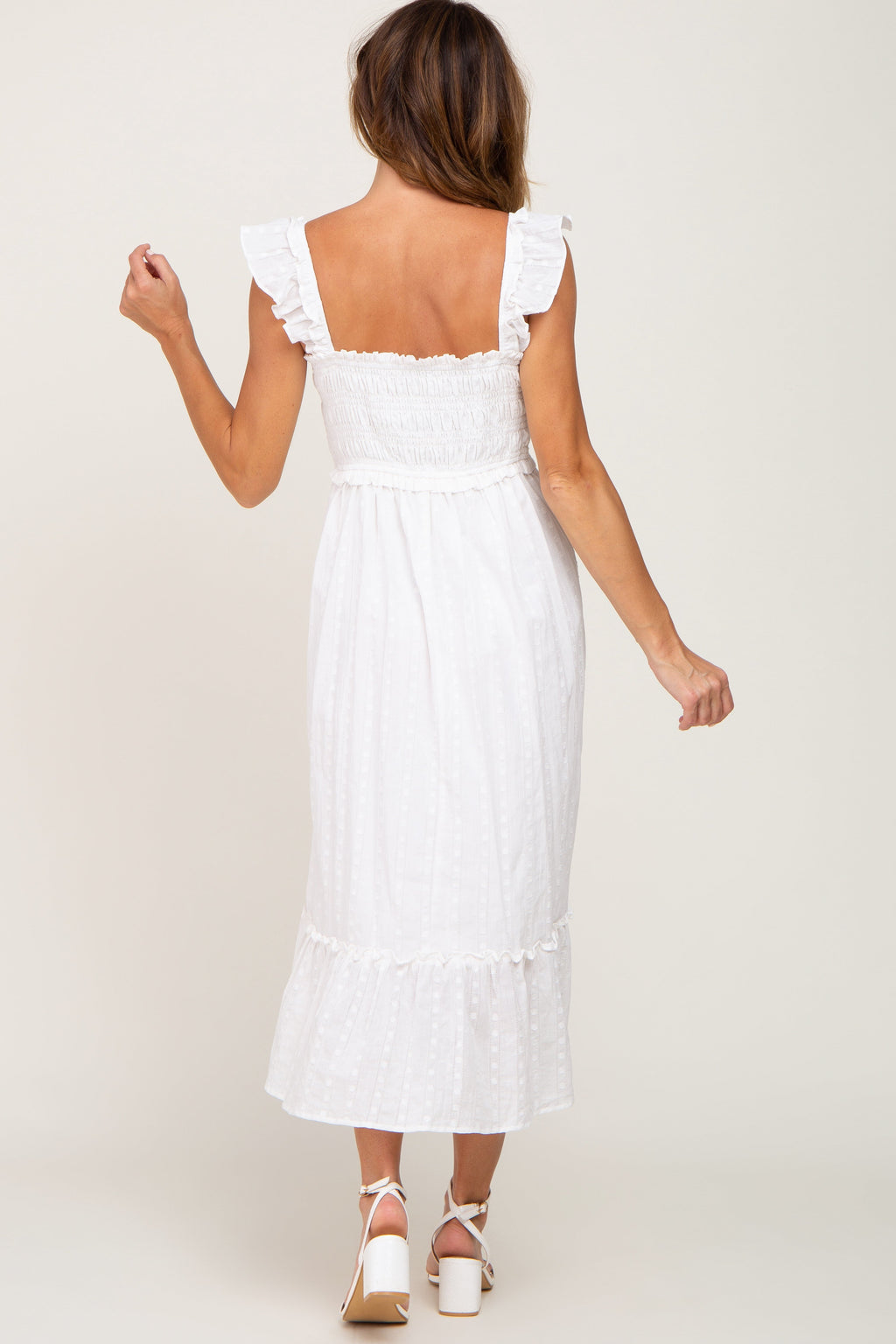 White Smocked Textured Midi Dress