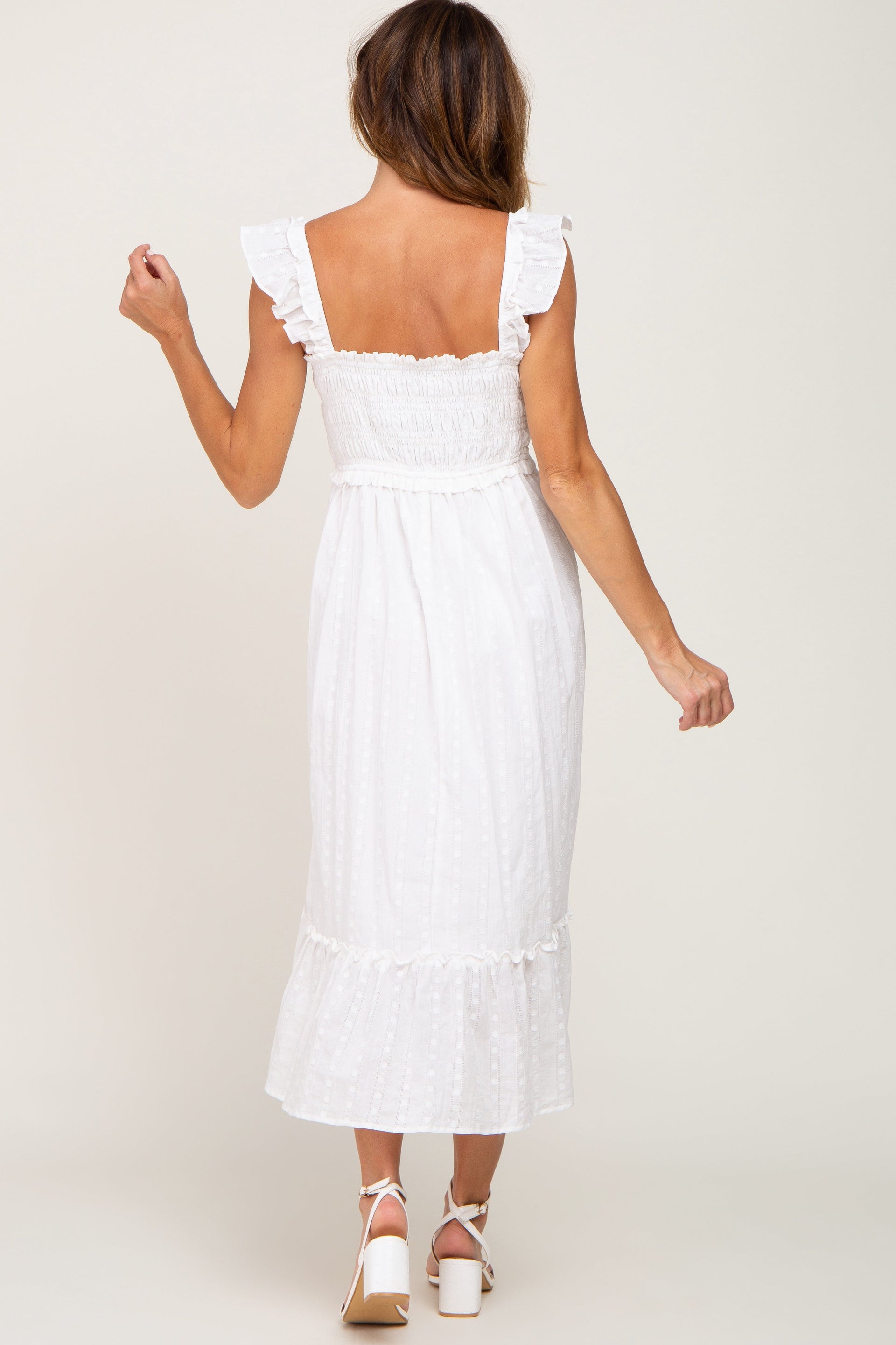 White Textured Smocked Midi Dress with Flutter Straps - Image 3