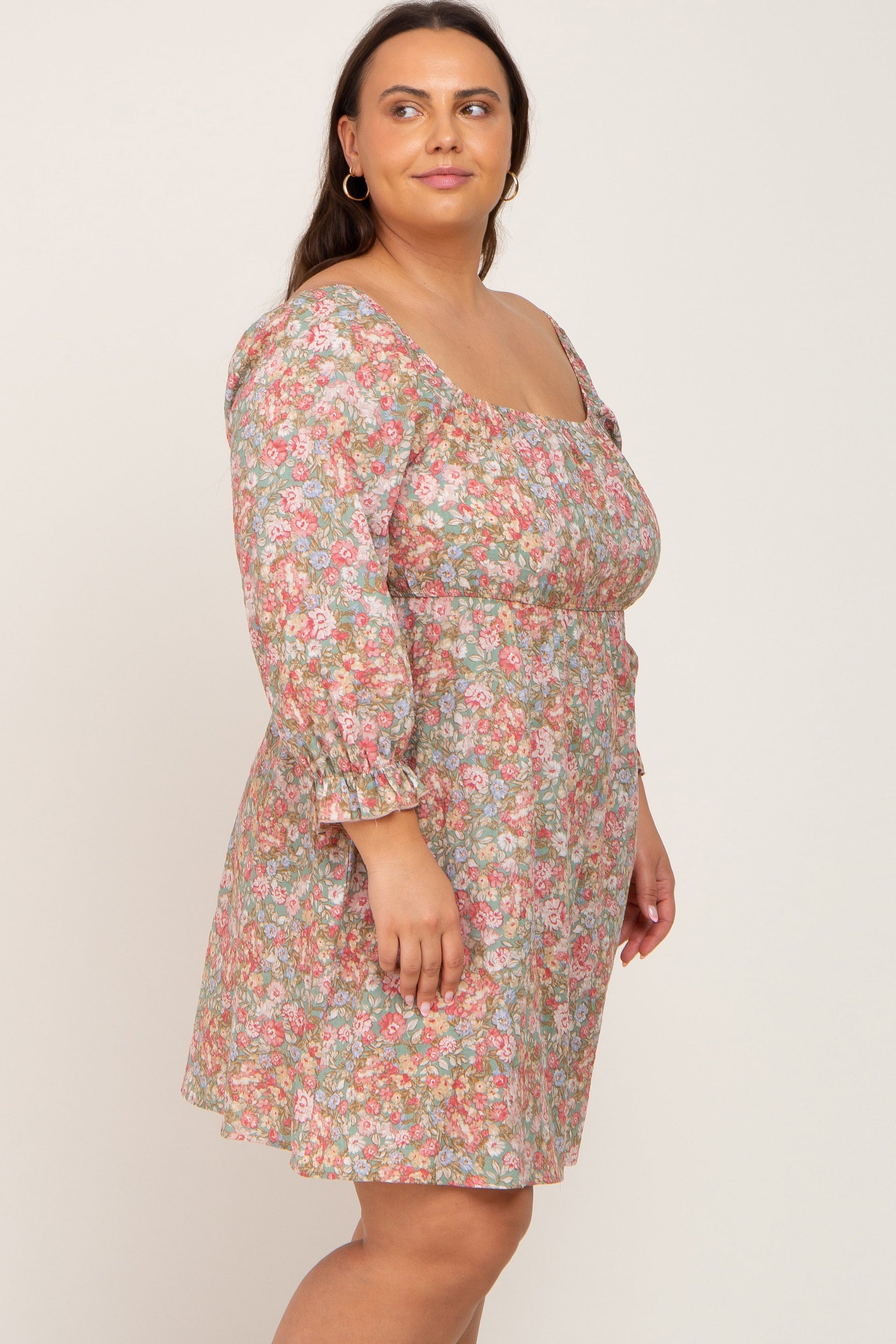 Light Olive Floral Bubble Sleeve Plus Dress