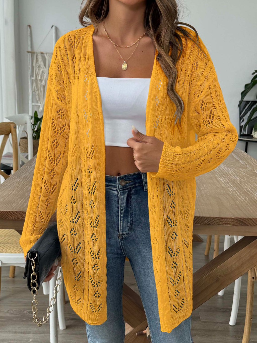 White Openwork Open Front Long Sleeve Cardigan Lightweight Knit - Image 17