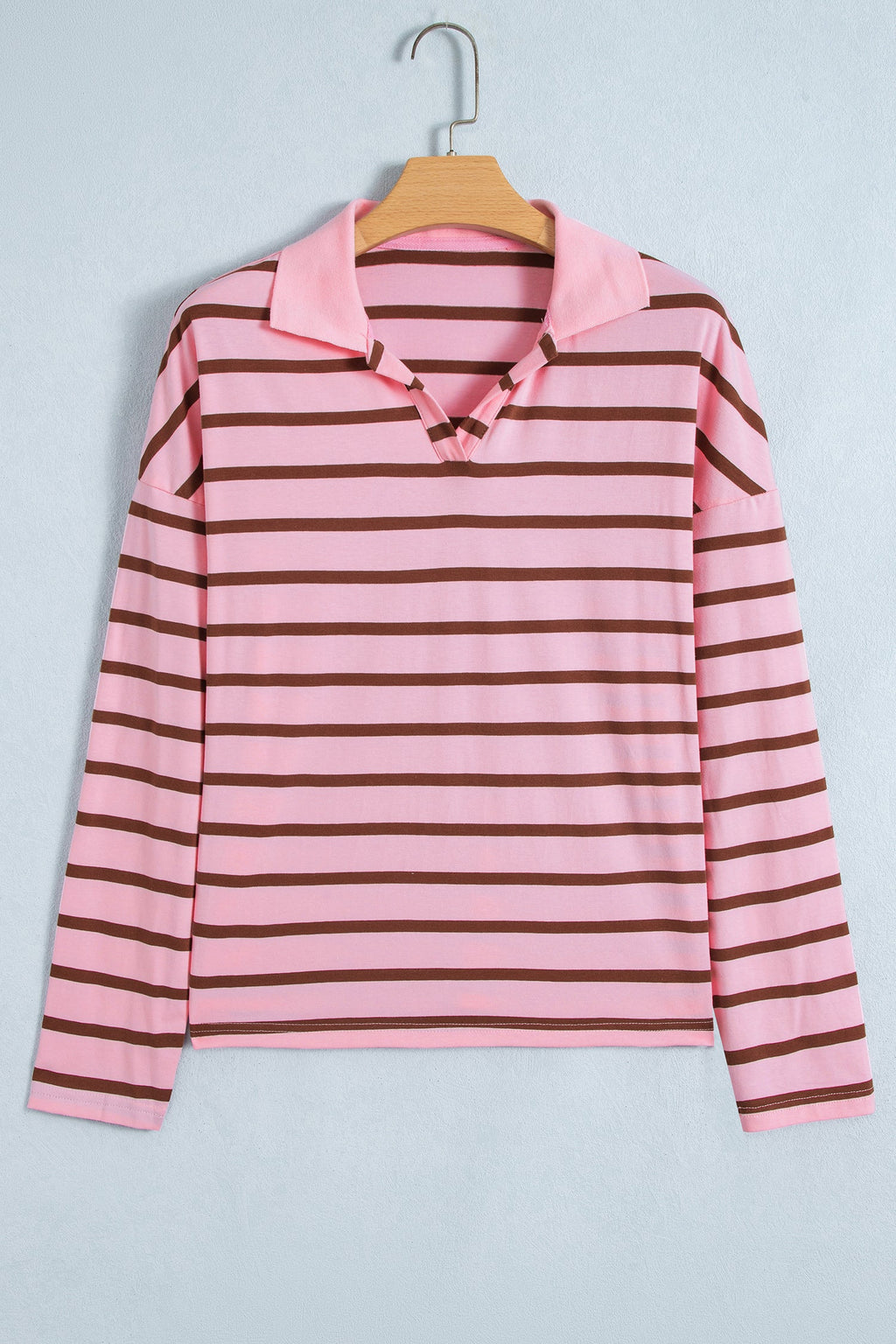 Stripe Collared V-Neck Long Sleeve Top