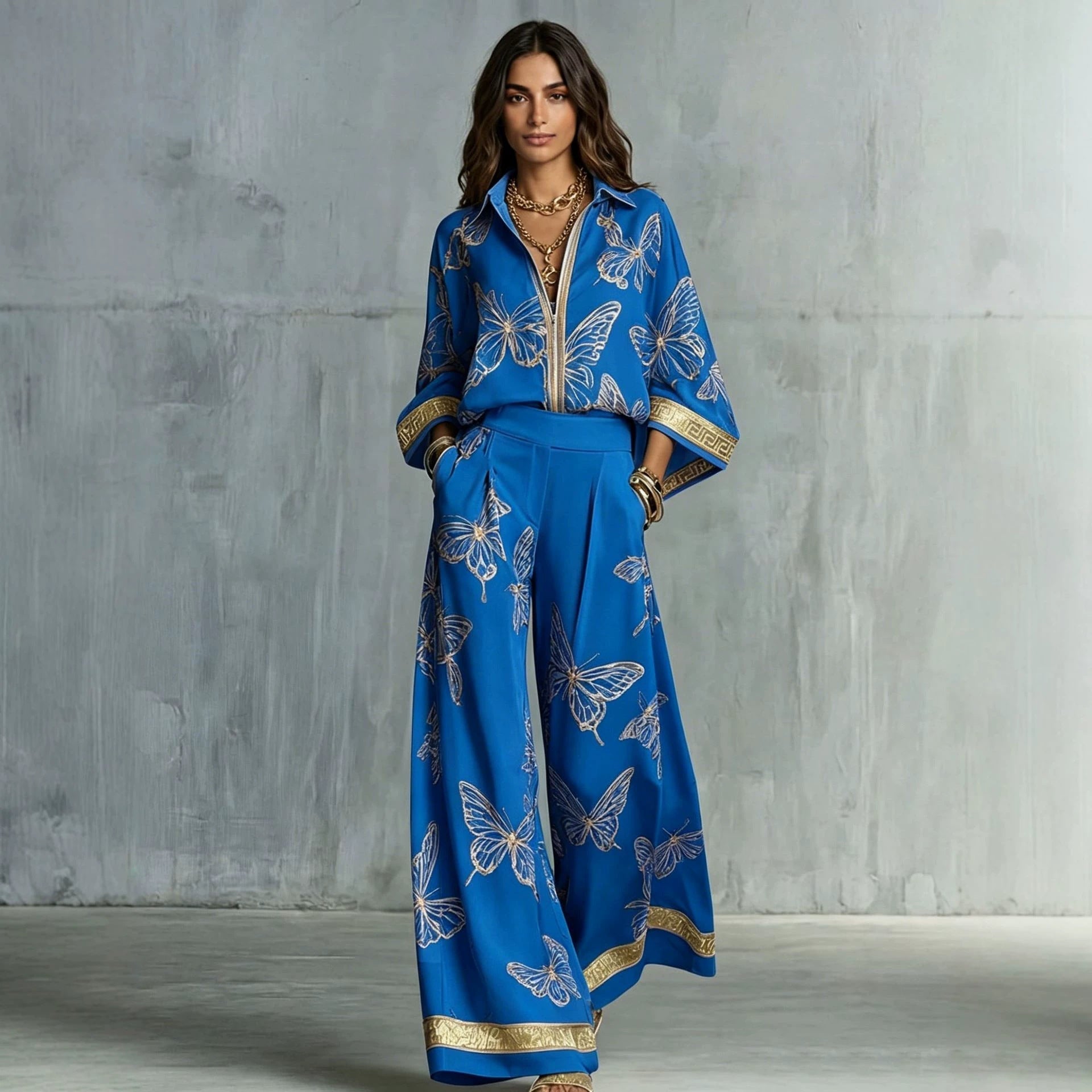 Deep V-Neck Zipper Top and Wide Leg Pants Two-Piece Set