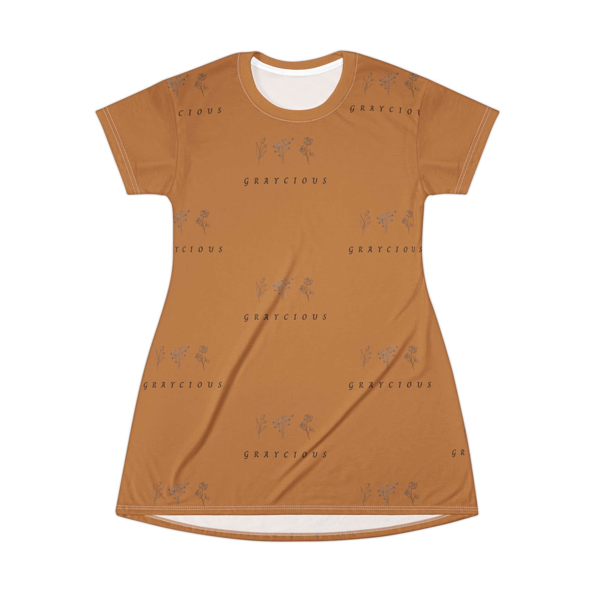 Relaxed Cotton T-Shirt Dress in Ochre and Brown Abstract Print