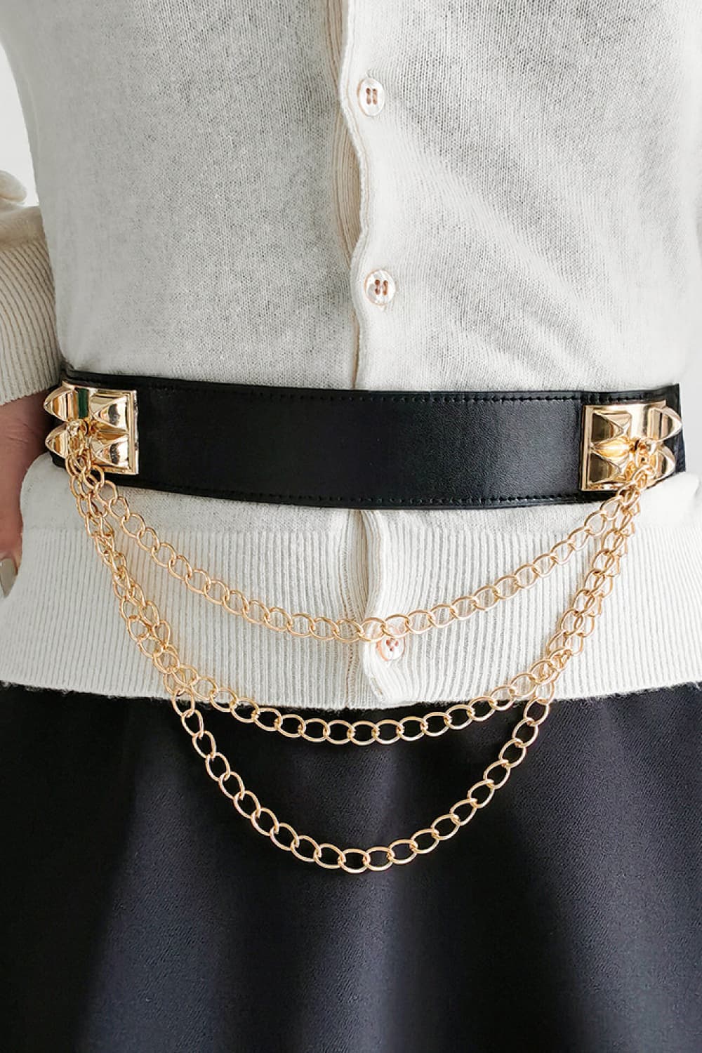 Elastic Belt with Chain - Women's PU Leather, Black & Gold