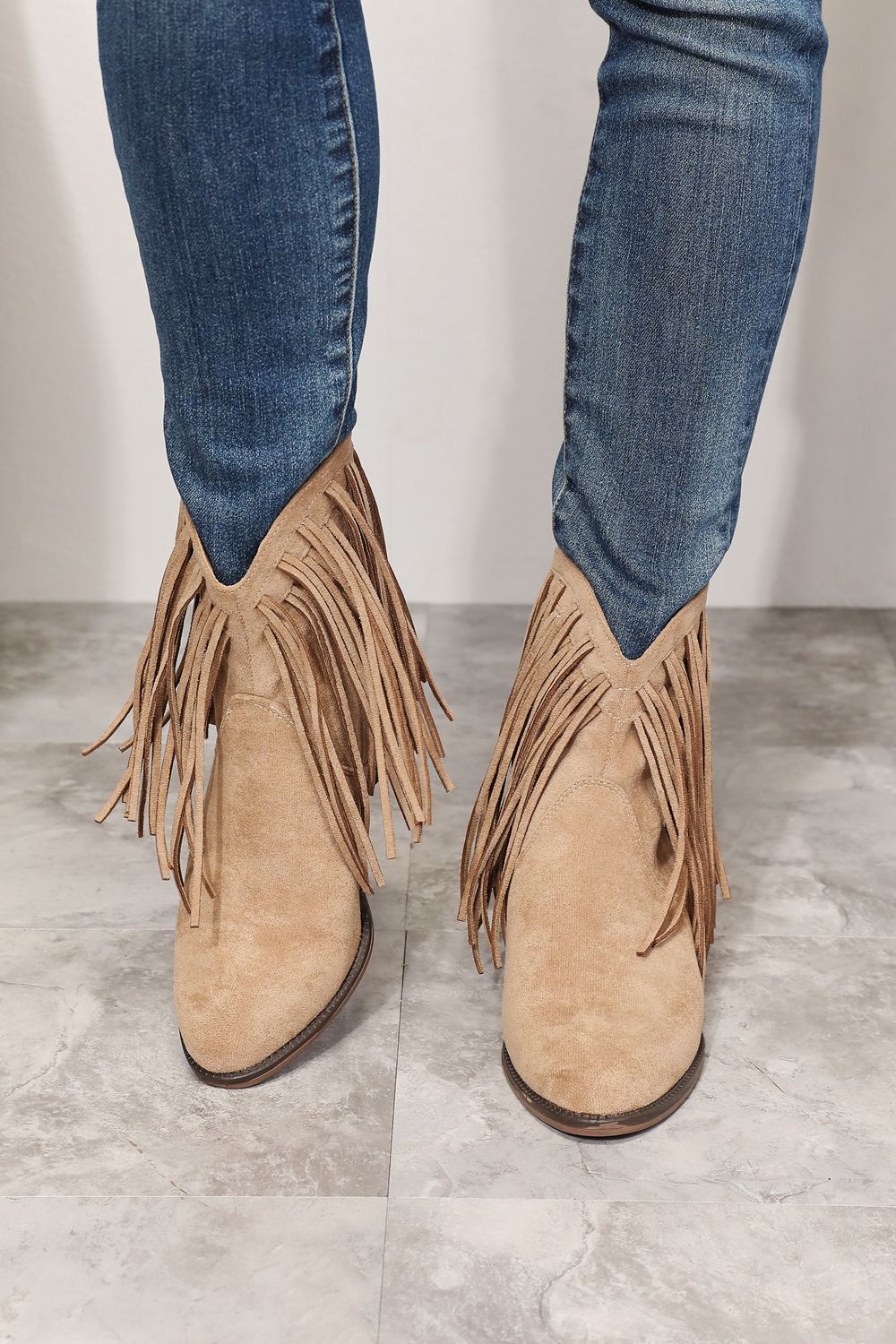 Women's Fringe Western Ankle Boots Faux Suede Pointed Toe Tan