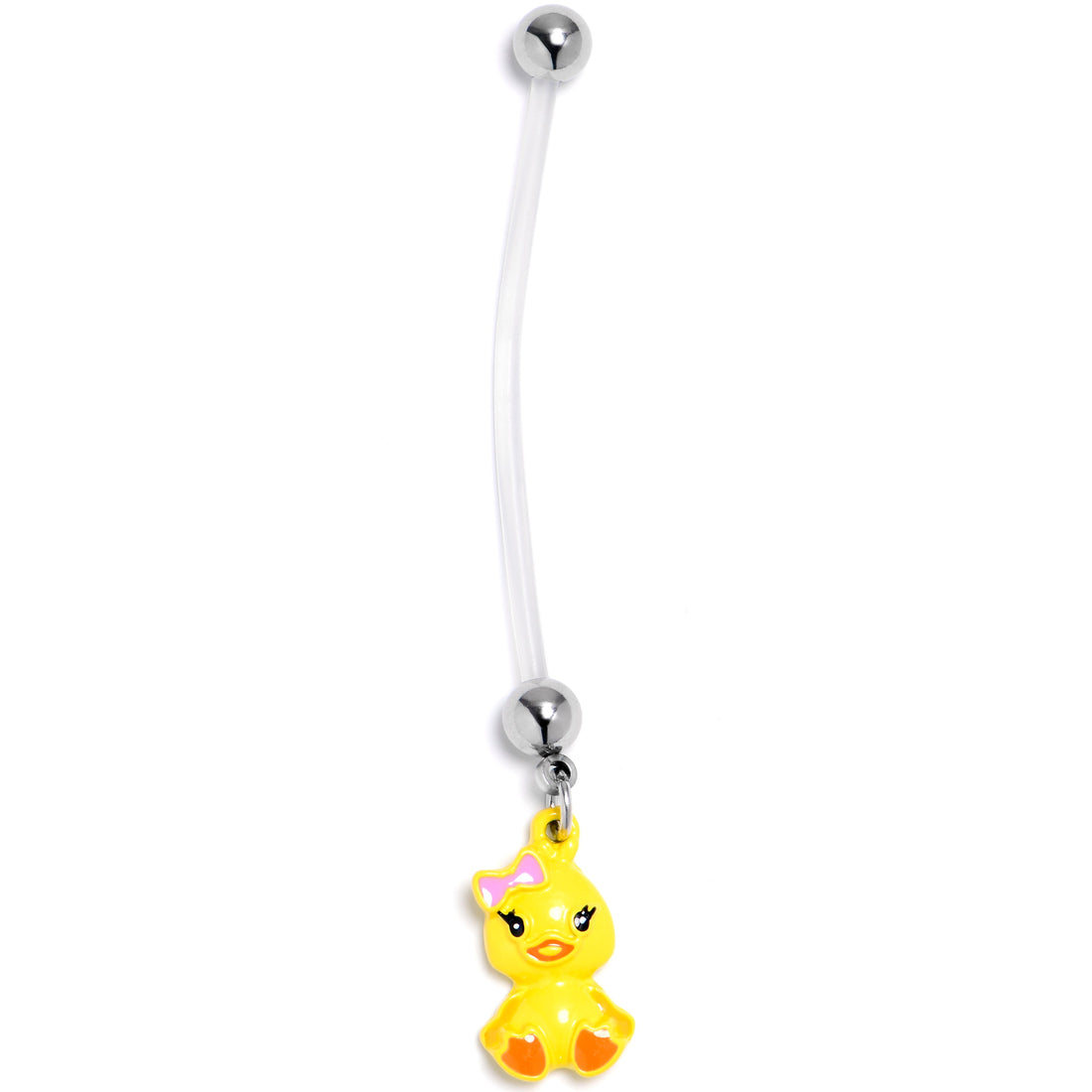 Yellow duckling charm with pink bow on a flexible clear PTFE belly ring barbell