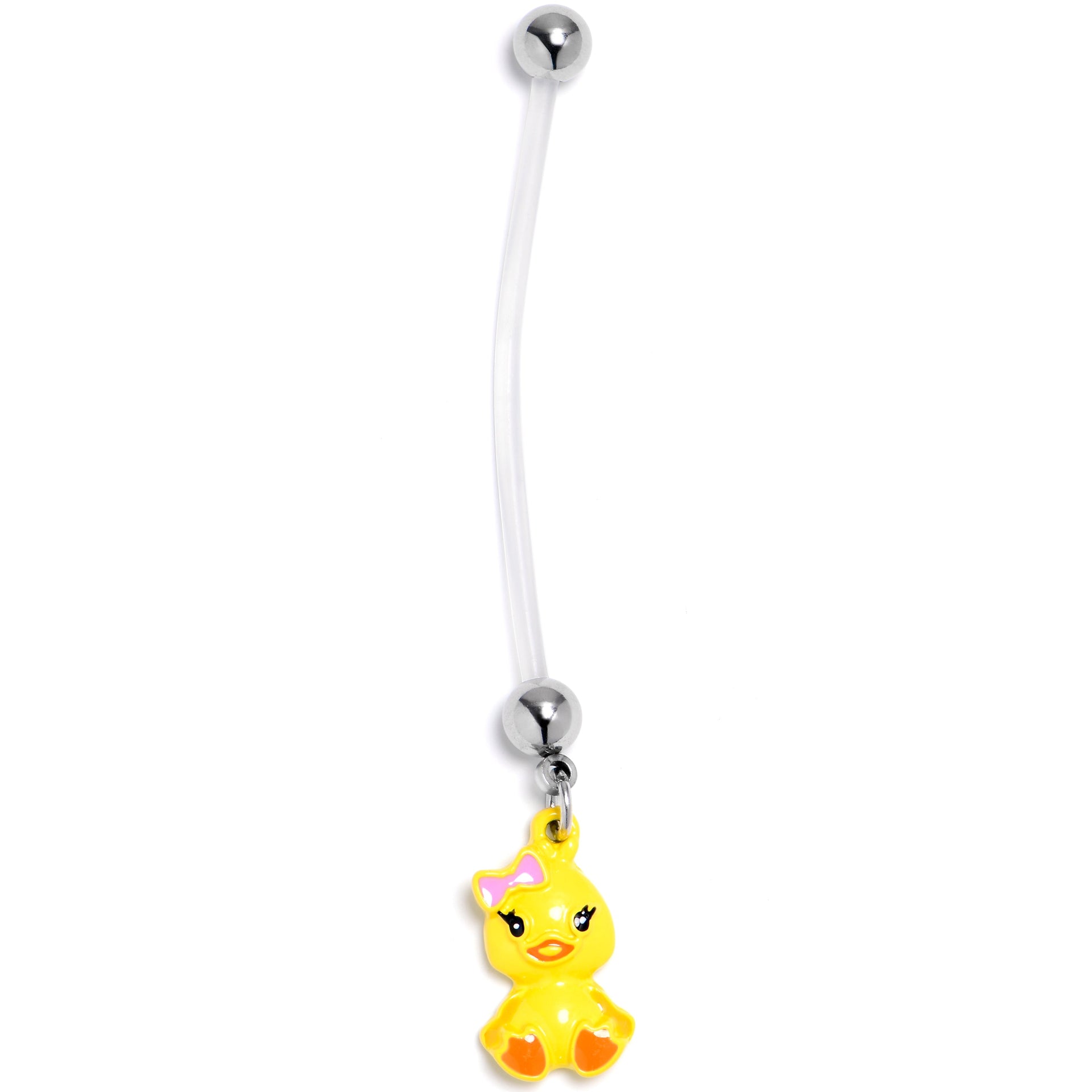 Yellow duckling charm with pink bow on a flexible clear PTFE belly ring barbell