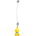 Yellow duckling charm dangle belly ring with clear flexible PTFE barbell on white background