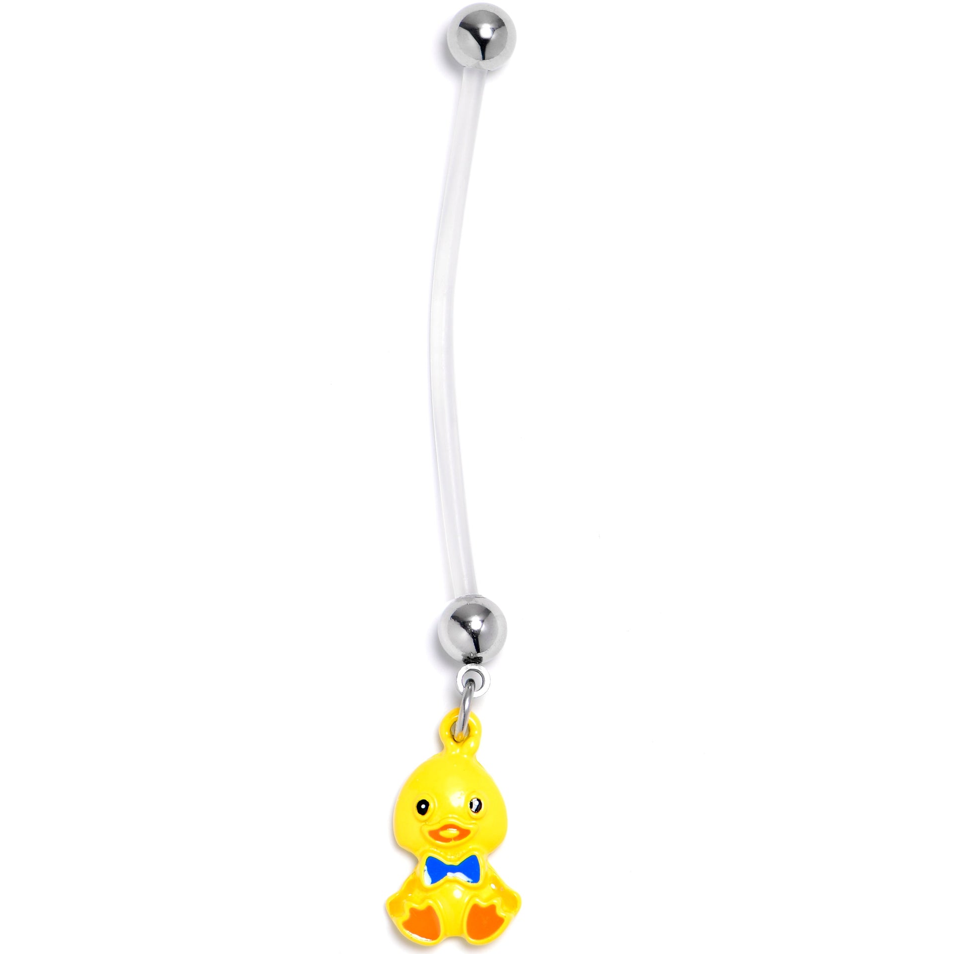 Yellow duckling charm dangle belly ring with clear flexible PTFE barbell on white background