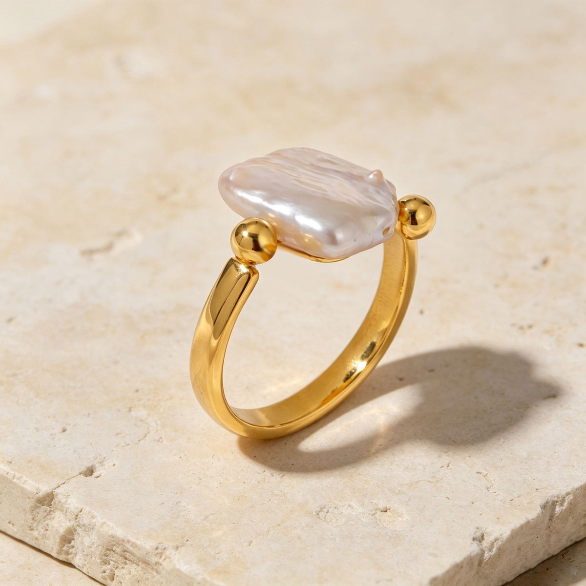 Women Minimalist Square Baroque Faux Pearl Open Adjustable Ring, 14K Gold Plated Smooth Bead Sides Thin Band Daily Stackable Jewelry Gift