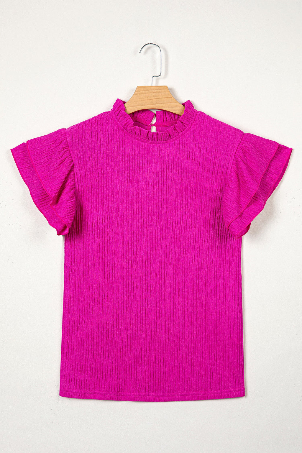Londyn Trim Short Sleeve Blouse in Magenta Ruffle Detail