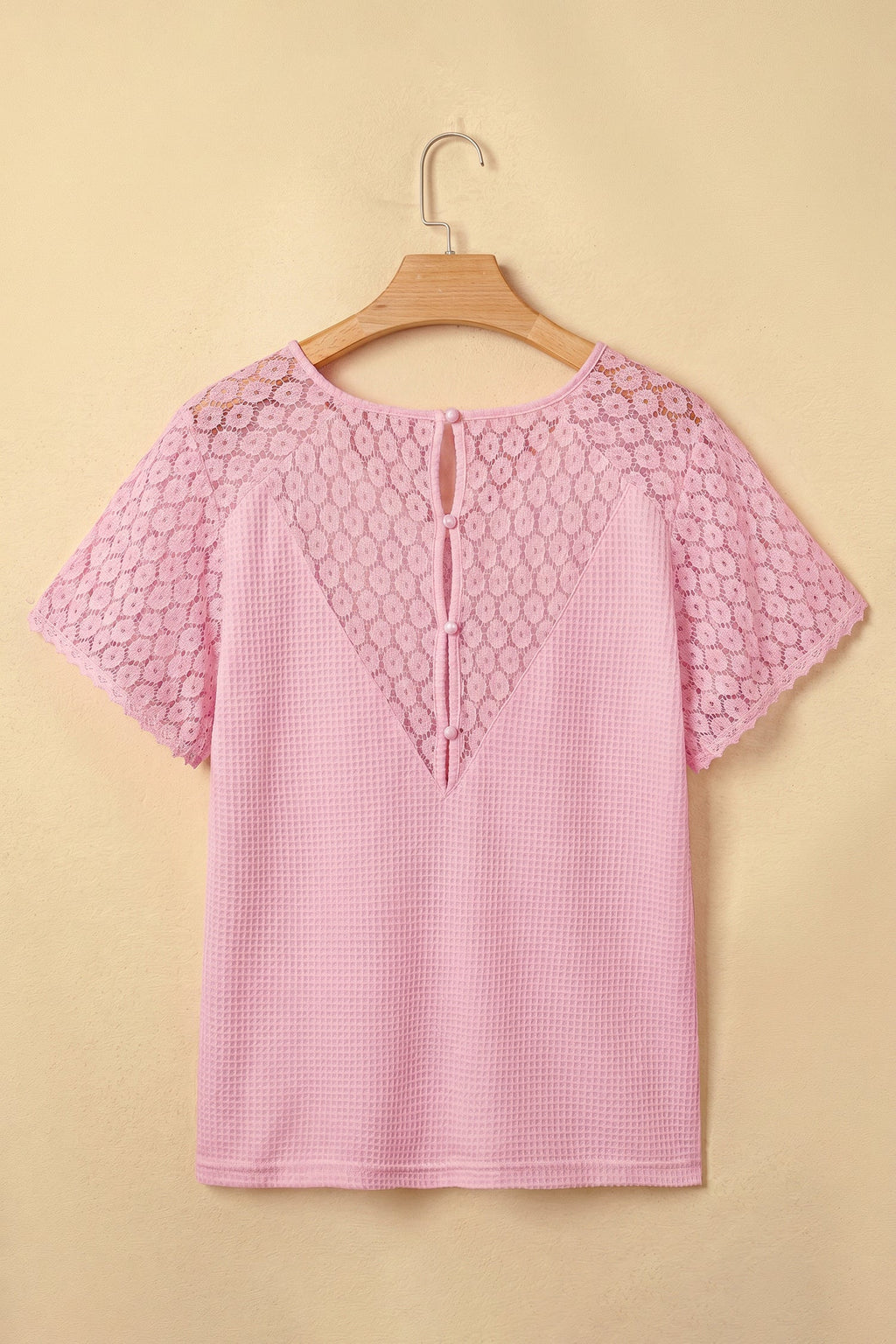 Nyomi Women’s Pink Waffle Knit V-Neck Blouse with Lace Details