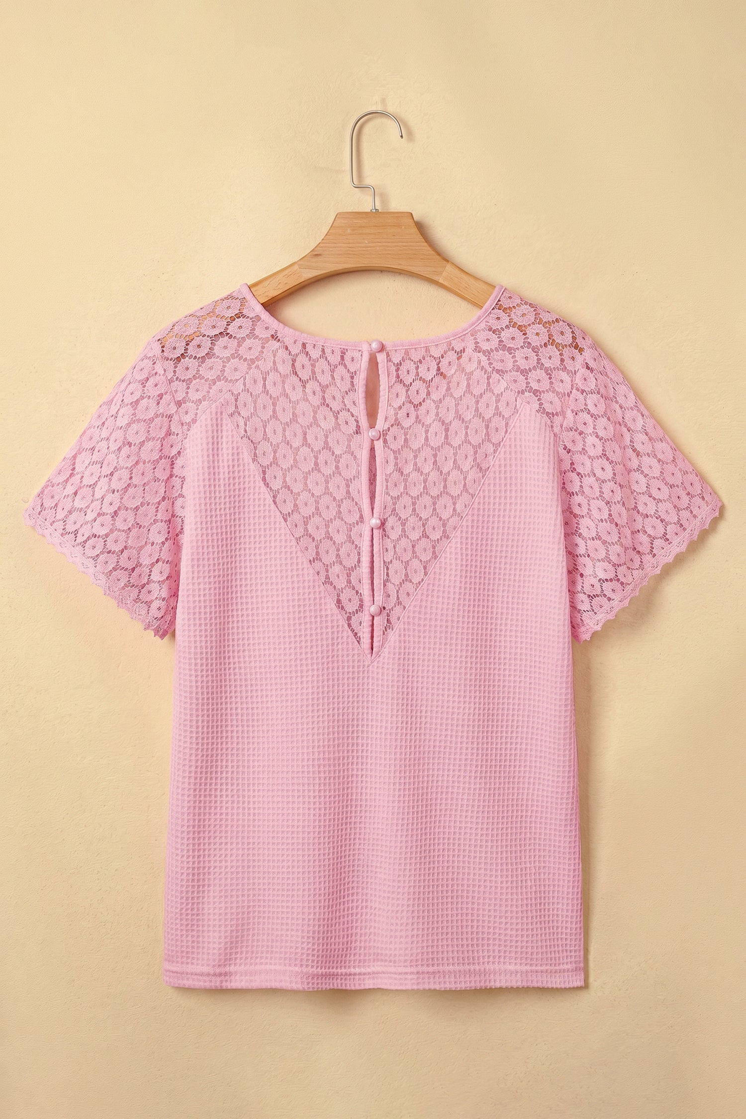 Nyomi Women’s Pink Waffle Knit V-Neck Blouse with Lace Details