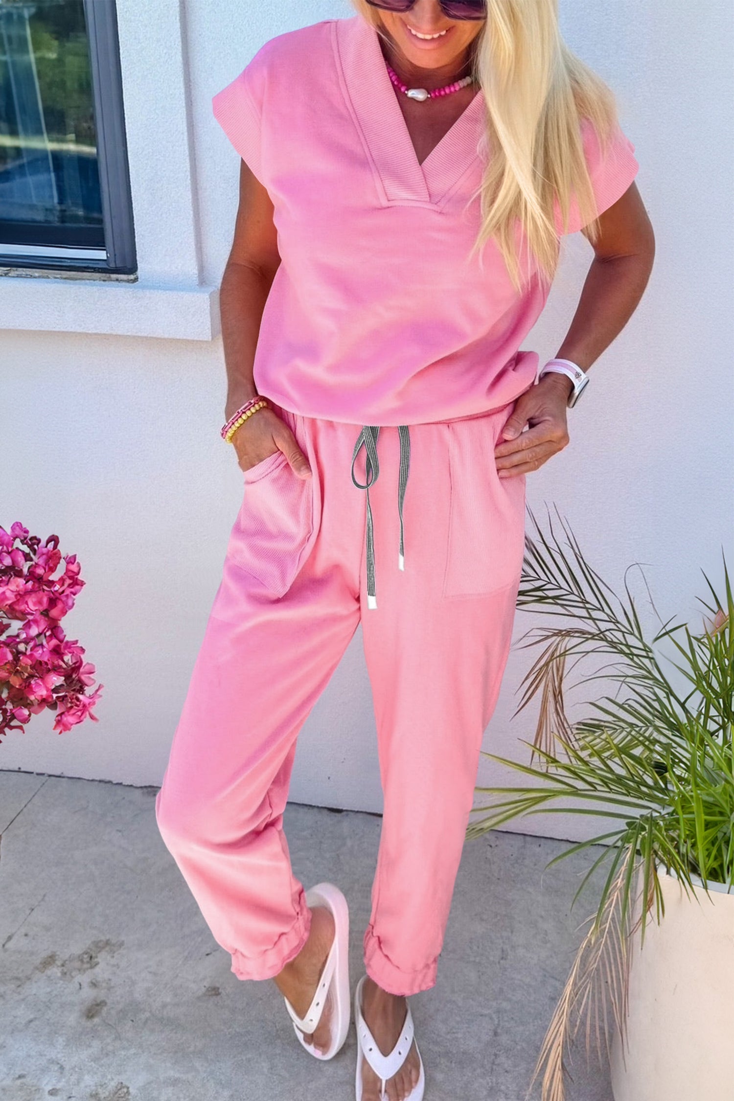 V Neck Tee & Drawstring Pant Set - Bonbon Solid