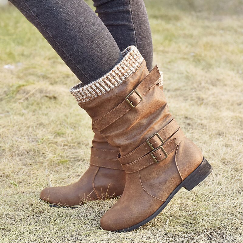 Women's Retro Chunky Heel Mid-Calf Boots with Buckles & Knit Cuff - Image 3