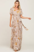 Taupe Floral Chiffon Wrap Short Sleeve Maxi Dress