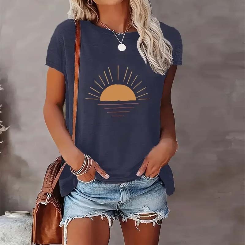Women's Sunrise Print Round Neck Short Sleeve T-Shirt - Image 9