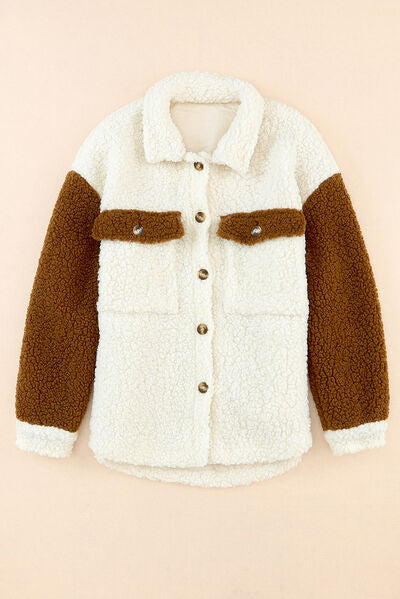 Women's Retro Sherpa Color Block Jacket with Collared Neck