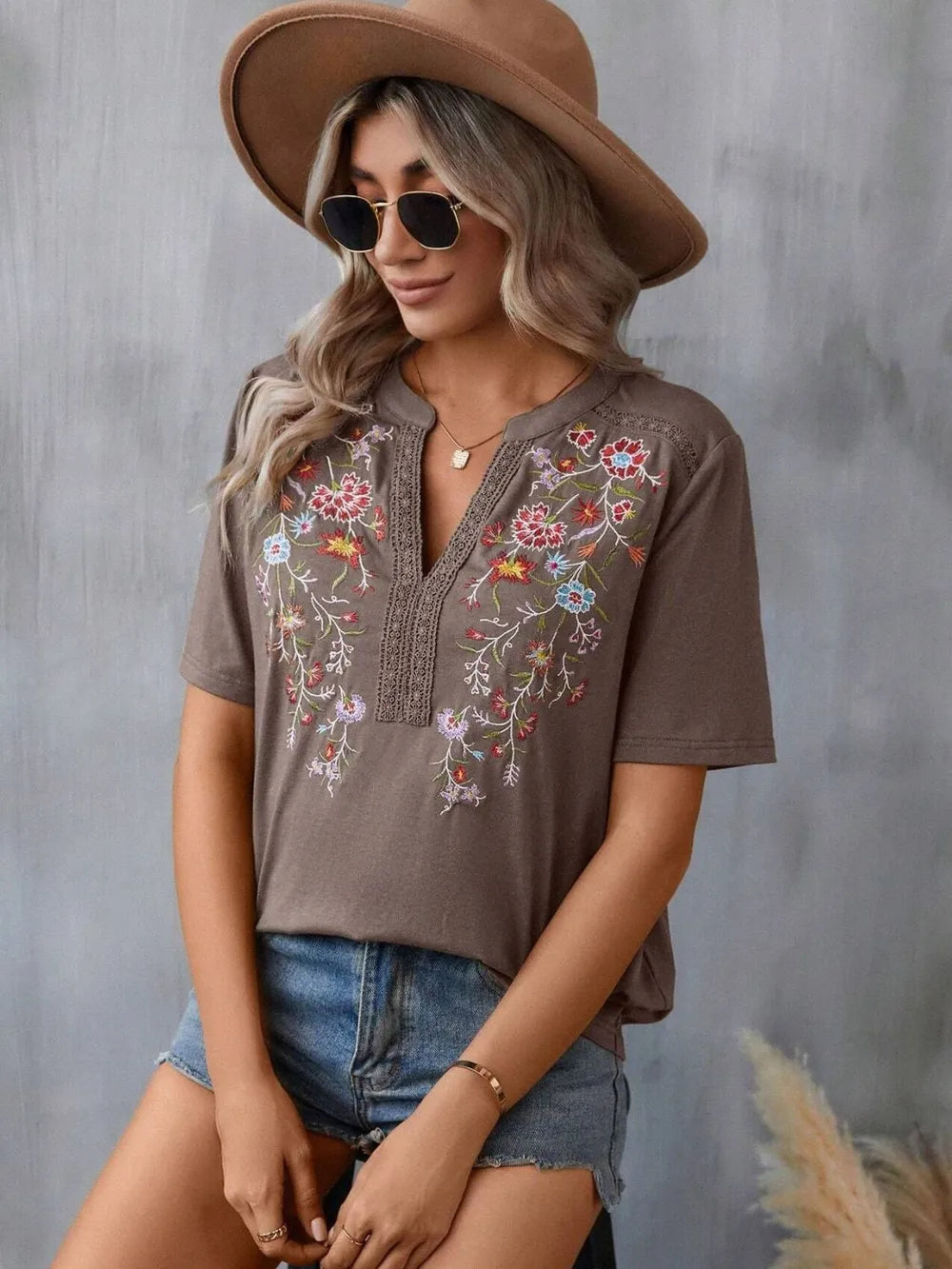 Boho Floral Embroidered Notched V-Neck Lace Trim Top