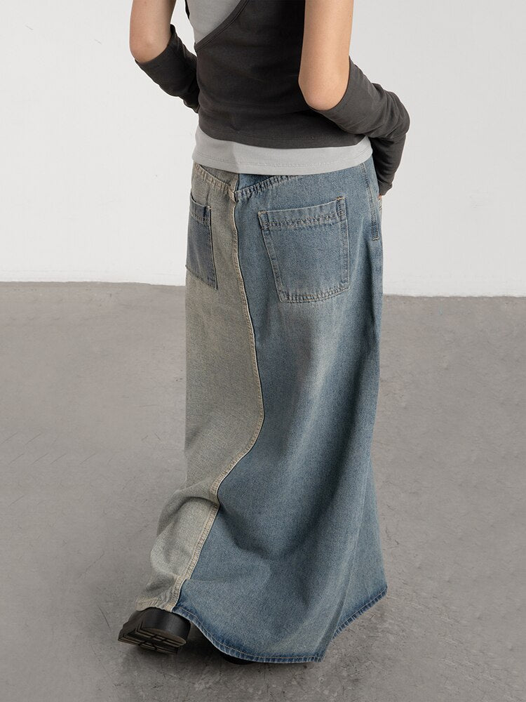 Women's Vintage Color Block Denim Maxi Skirt with Pockets