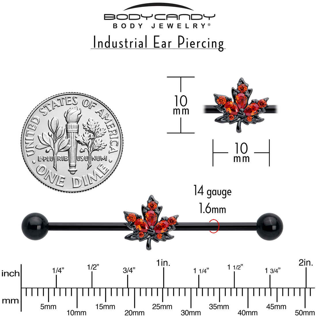 14G Orange CZ Gem Black Autumn Leaf Industrial Barbell 38mm