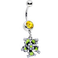 14 gauge navel ring featuring a large yellow CZ gem on a stainless steel barbell with a dangling green and black flower charm embellished with small clear crystals.