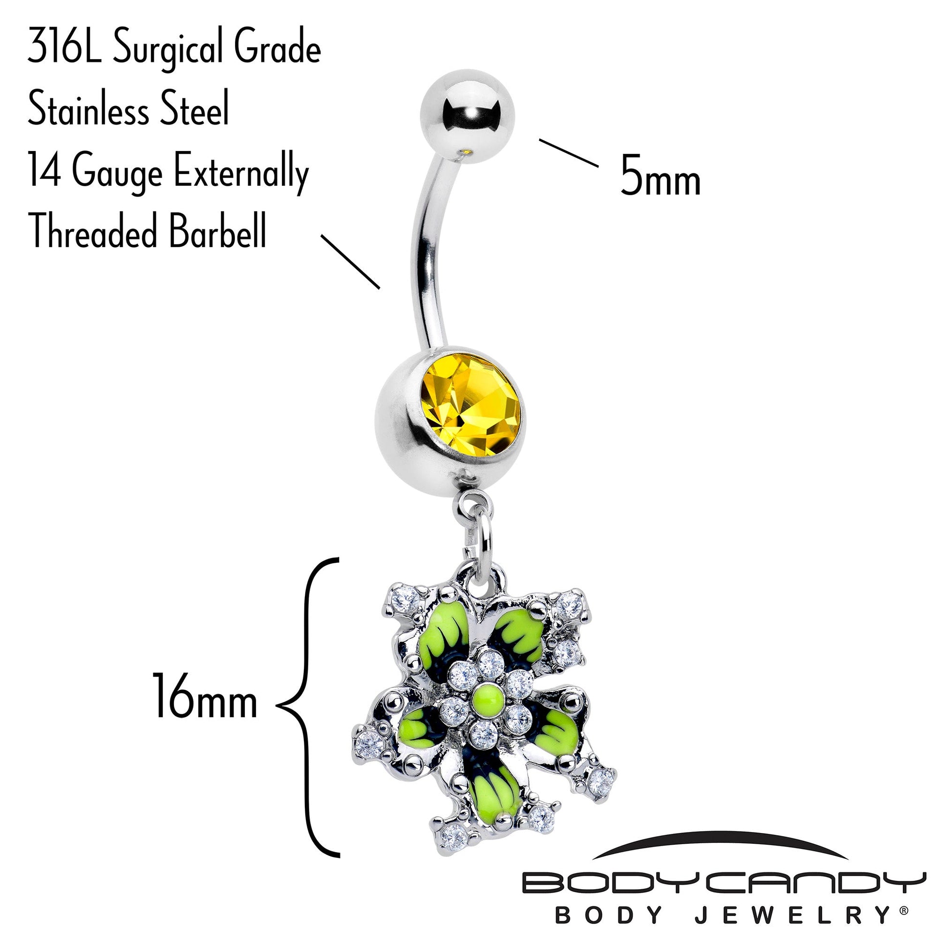 Yellow CZ Gem Green Flower Dangle Navel Ring 14 Gauge - Image 2