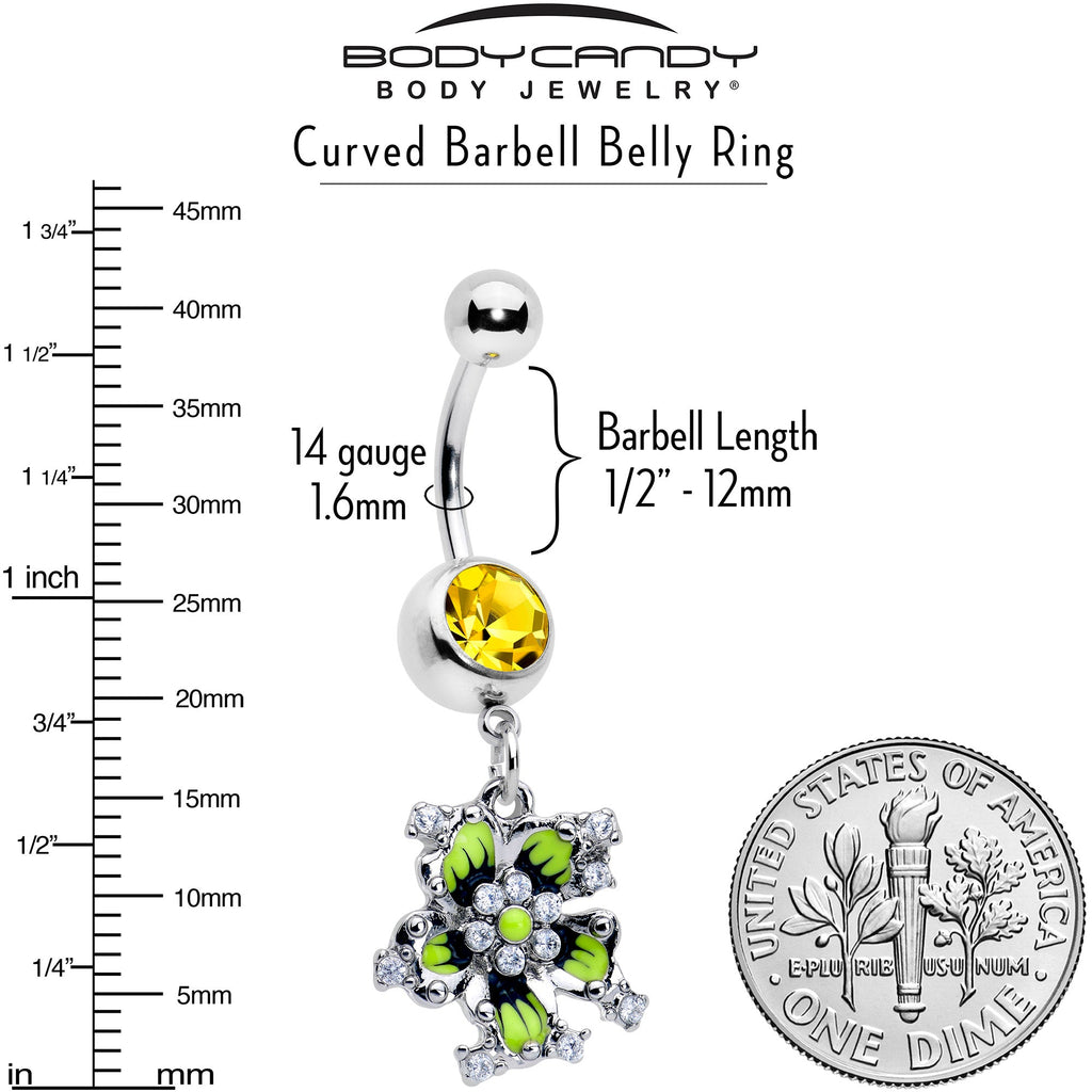 Yellow CZ Gem Green Flower Dangle Navel Ring 14 Gauge - Image 3
