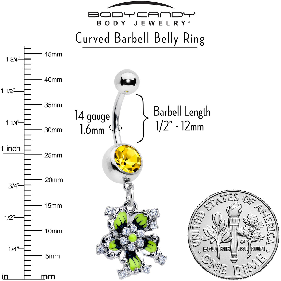 Yellow CZ Gem Green Flower Dangle Navel Ring 14 Gauge - Image 3