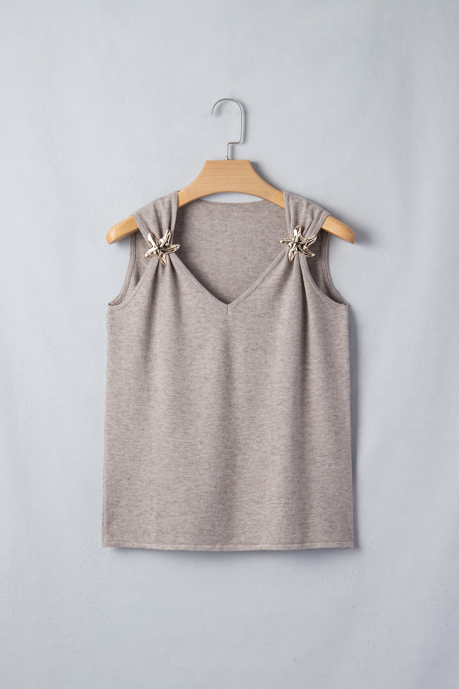 Beige Starfish Detail V-Neck Sweater Knit Tank Top - Image 3