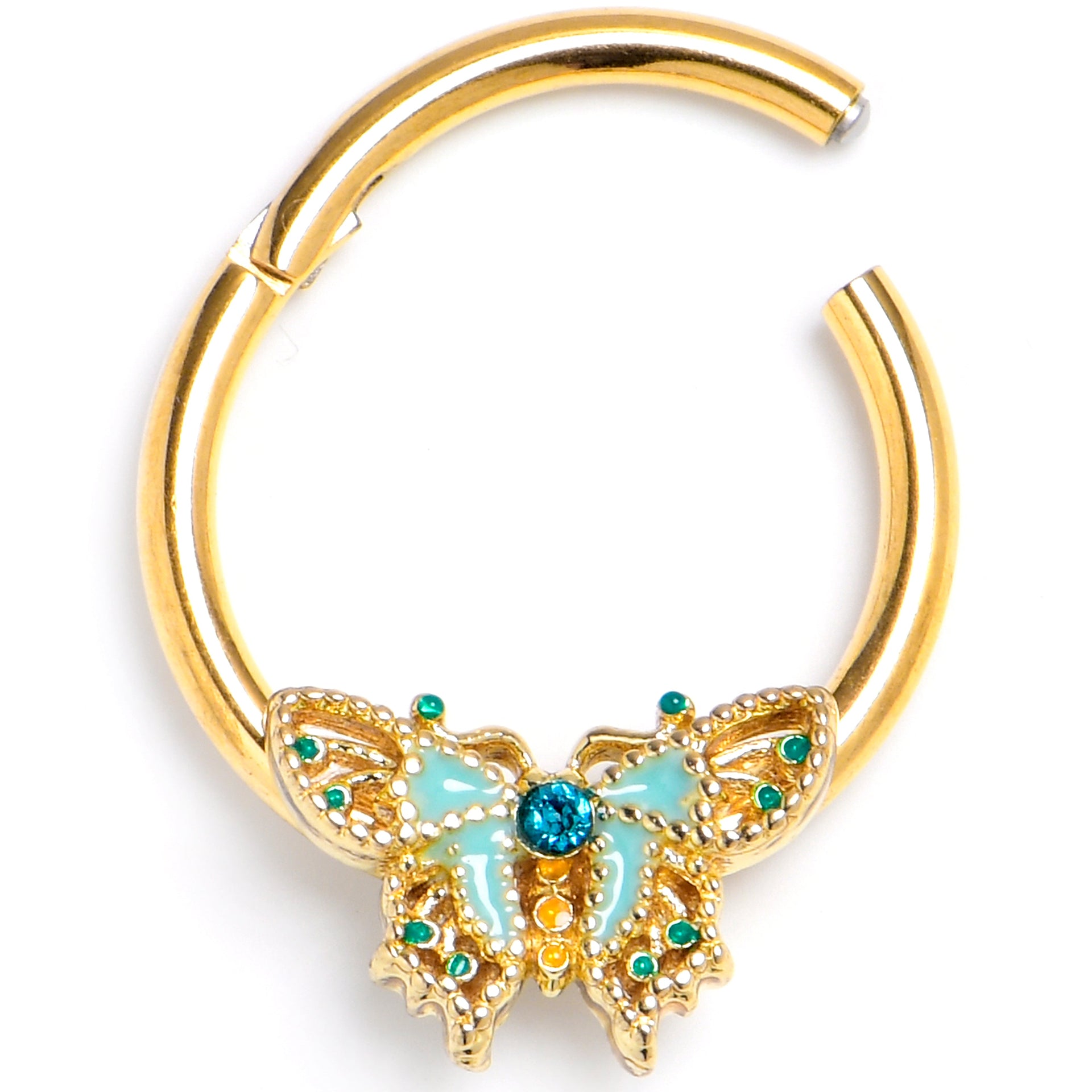 16G 3/8 Blue Gem Gold Tone Rococo Butterfly Hinged Segment Ring