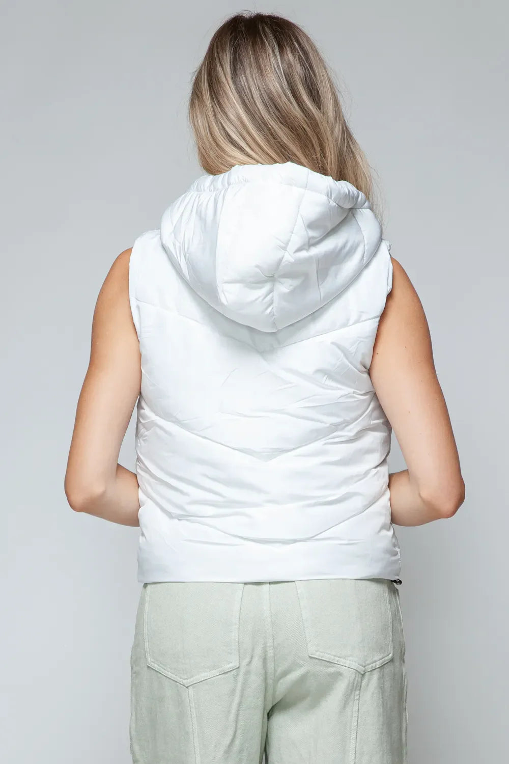 White Quilted Zip Up Hooded Vest for Women