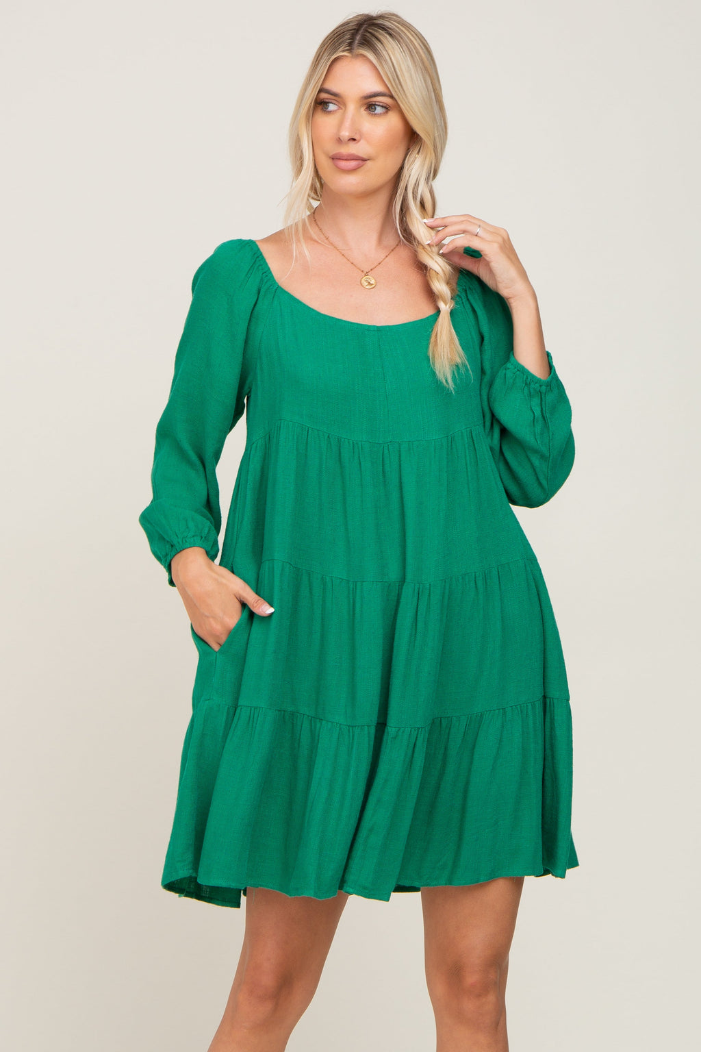 Green Tiered Long Sleeve Plus Dress