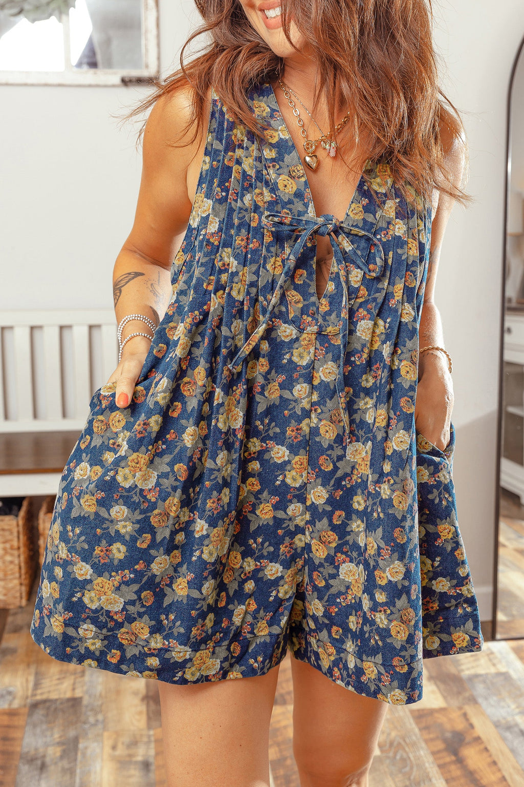 Blue Retro Floral Print V-Neck Sleeveless Denim Romper with Bow