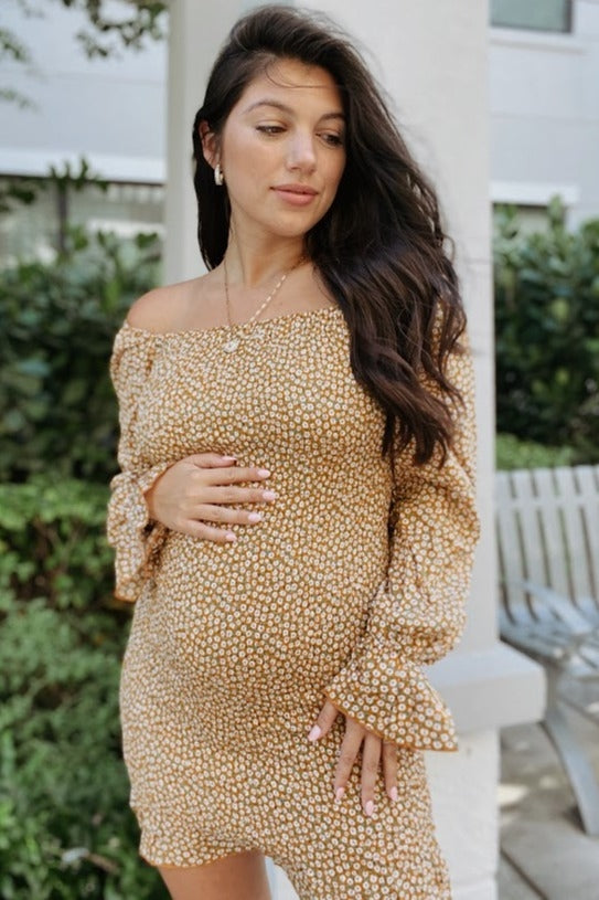 Yellow Ditsy Floral Smocked Long Sleeve Maternity Mini Dress - Image 5