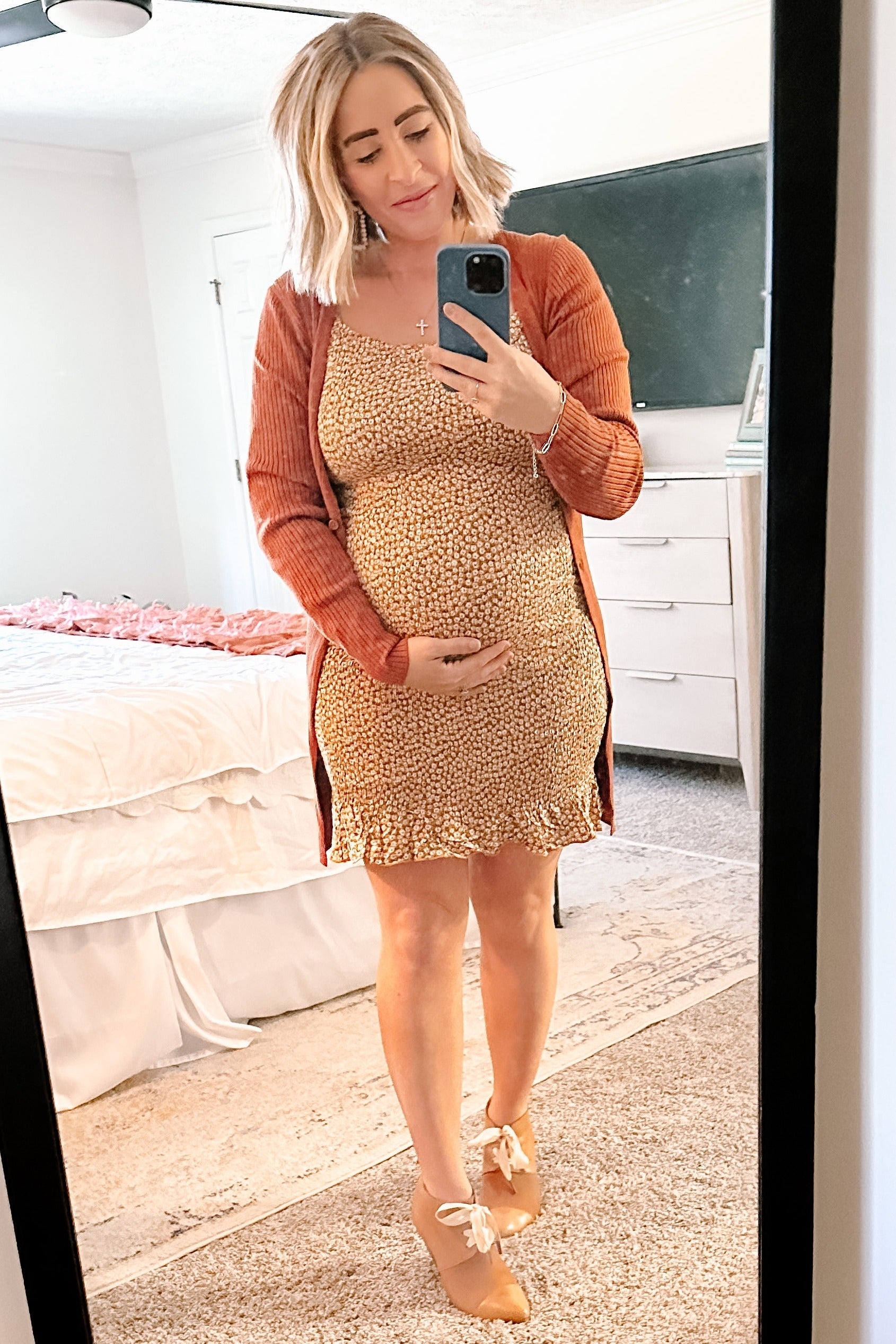 Yellow Ditsy Floral Smocked Long Sleeve Maternity Mini Dress - Image 10