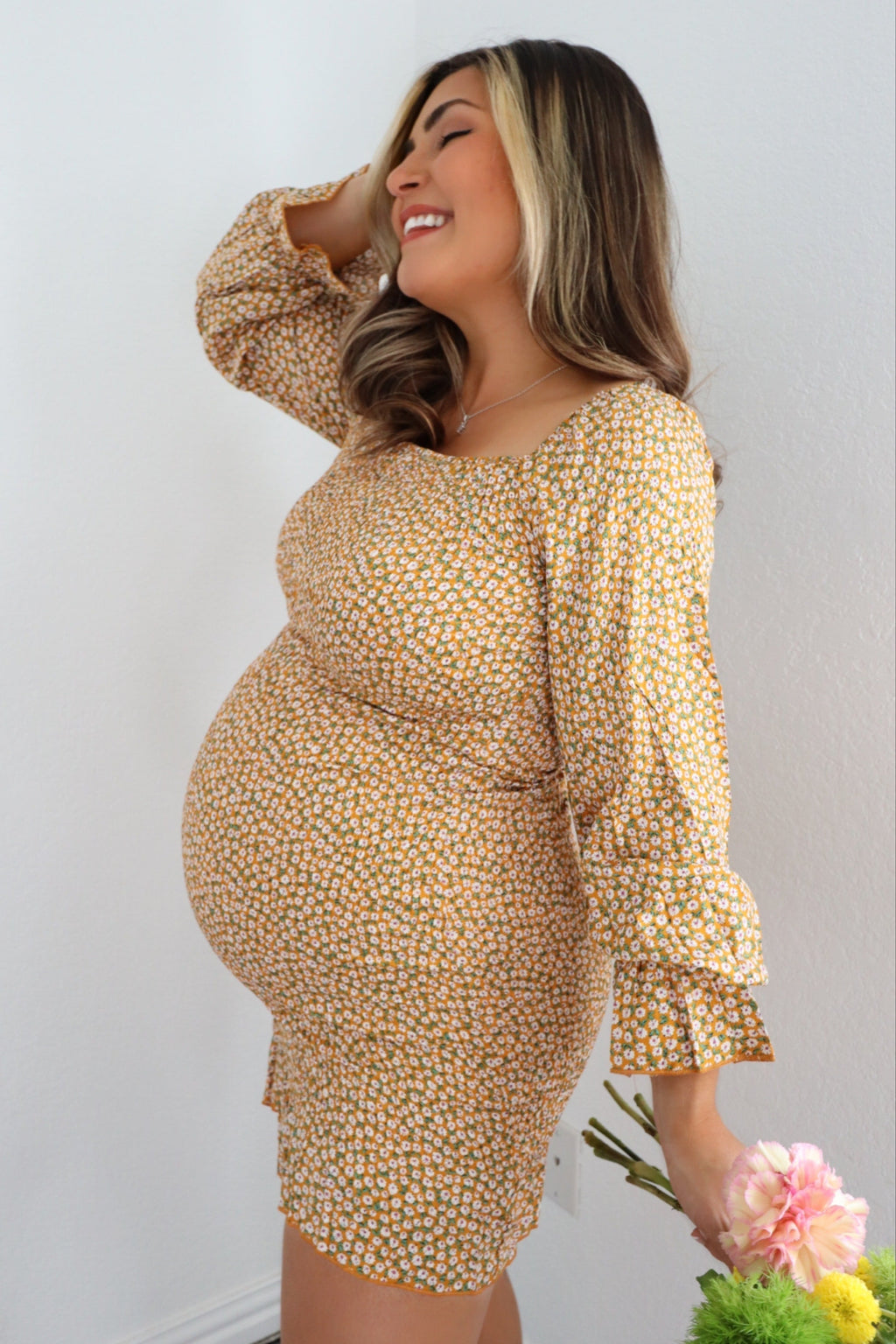 Yellow Ditsy Floral Smocked Long Sleeve Maternity Mini Dress - Image 2