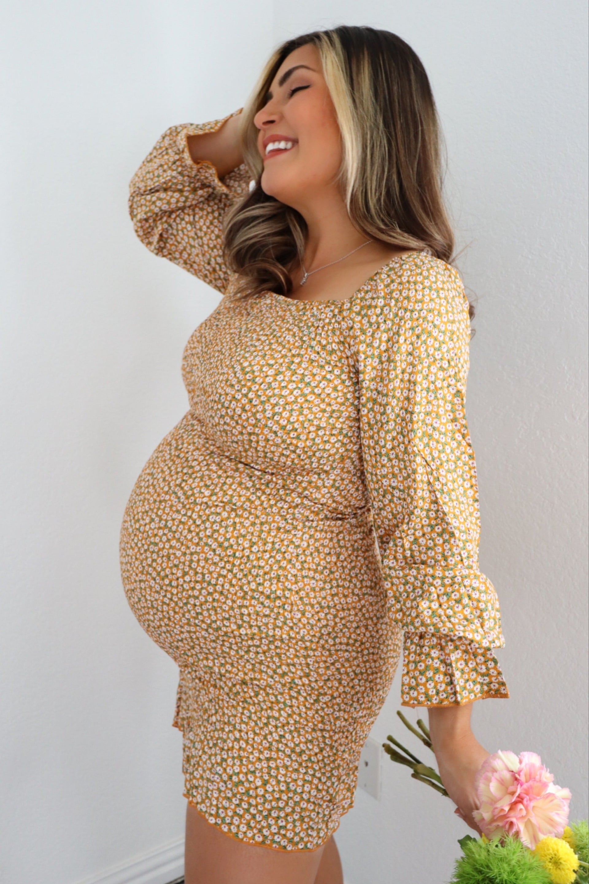 Yellow Ditsy Floral Smocked Long Sleeve Maternity Mini Dress - Image 2