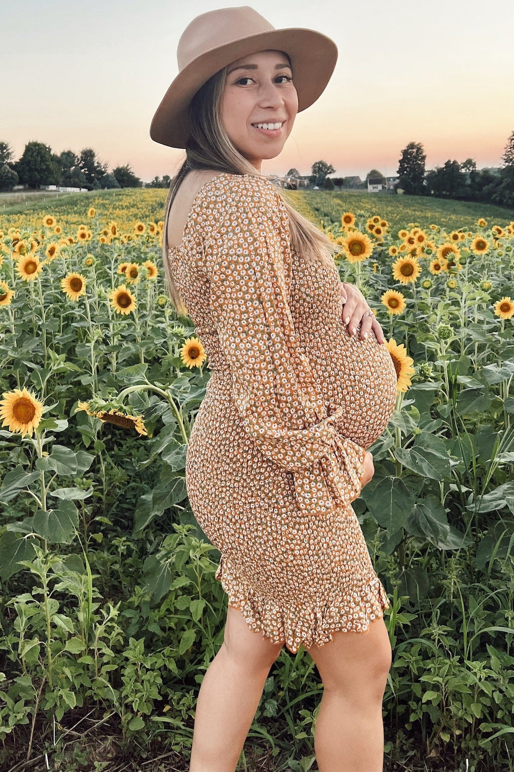 Yellow Ditsy Floral Smocked Long Sleeve Maternity Mini Dress - Image 12