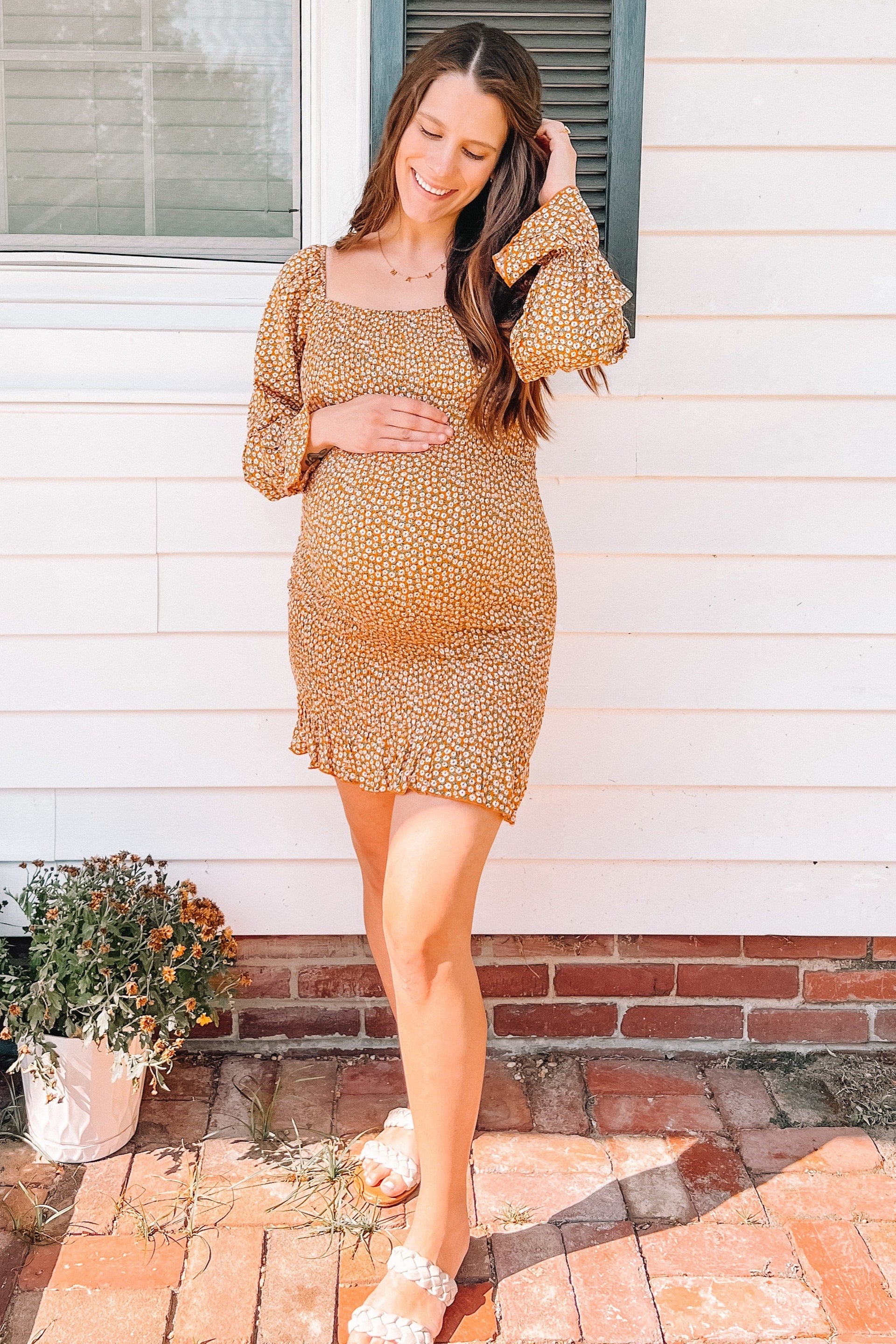 Yellow Ditsy Floral Smocked Long Sleeve Maternity Mini Dress - Image 13