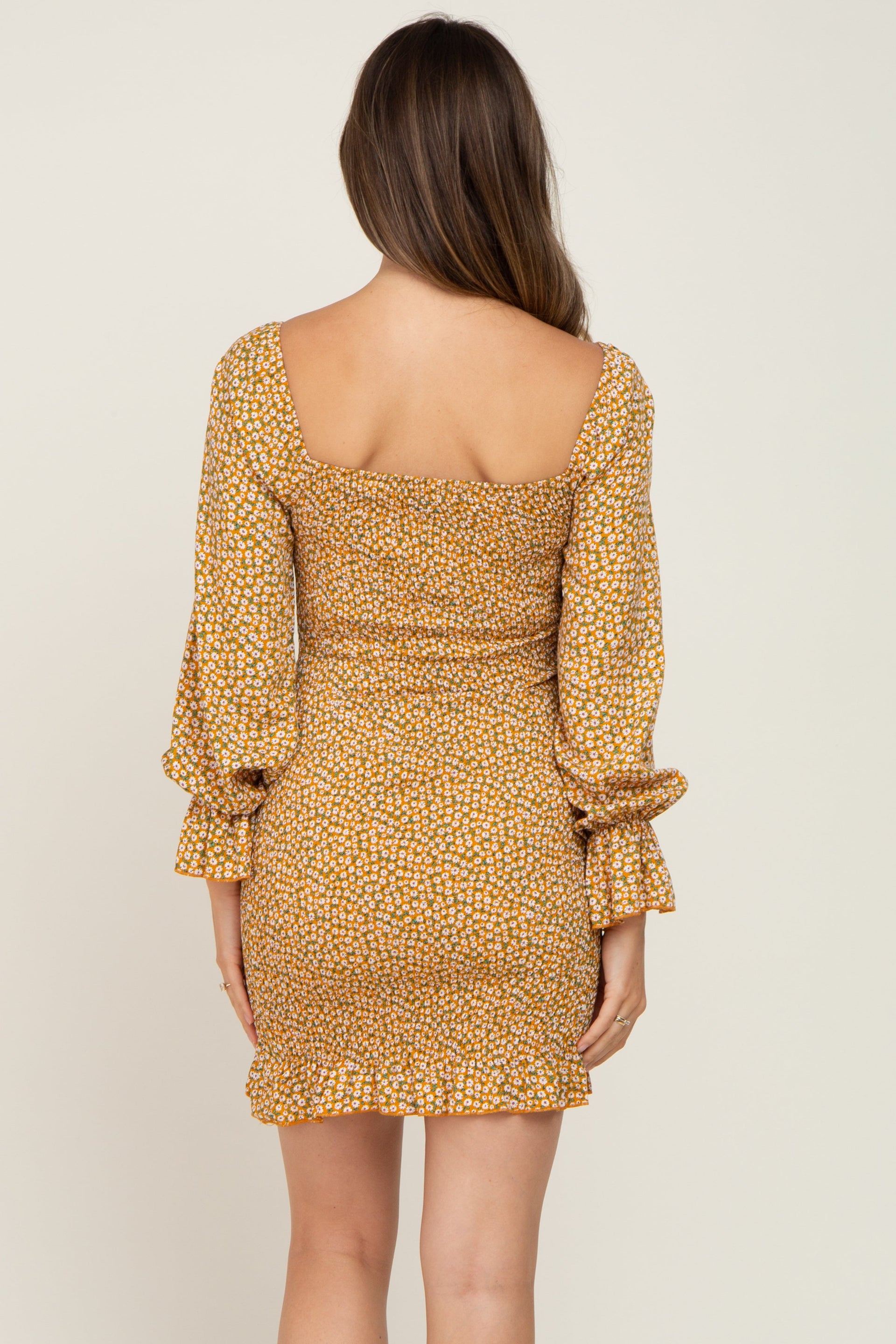 Yellow Ditsy Floral Smocked Long Sleeve Maternity Mini Dress - Image 6