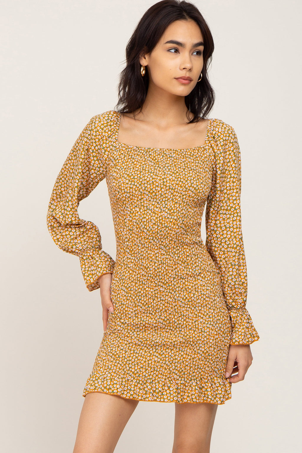 Yellow Ditsy Floral Smocked Long Sleeve Maternity Mini Dress - Image 15