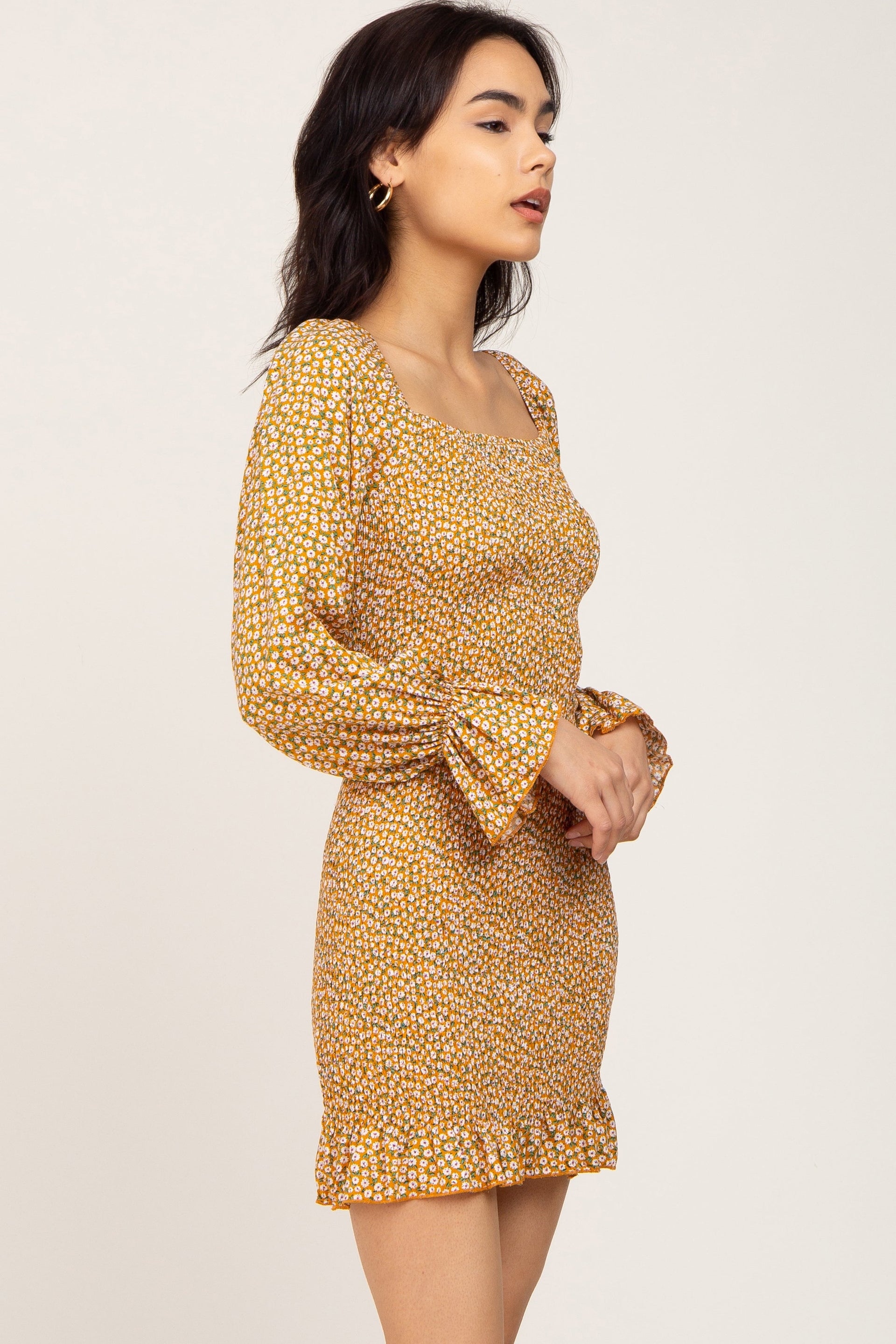 Yellow Ditsy Floral Smocked Long Sleeve Mini Dress - Image 2