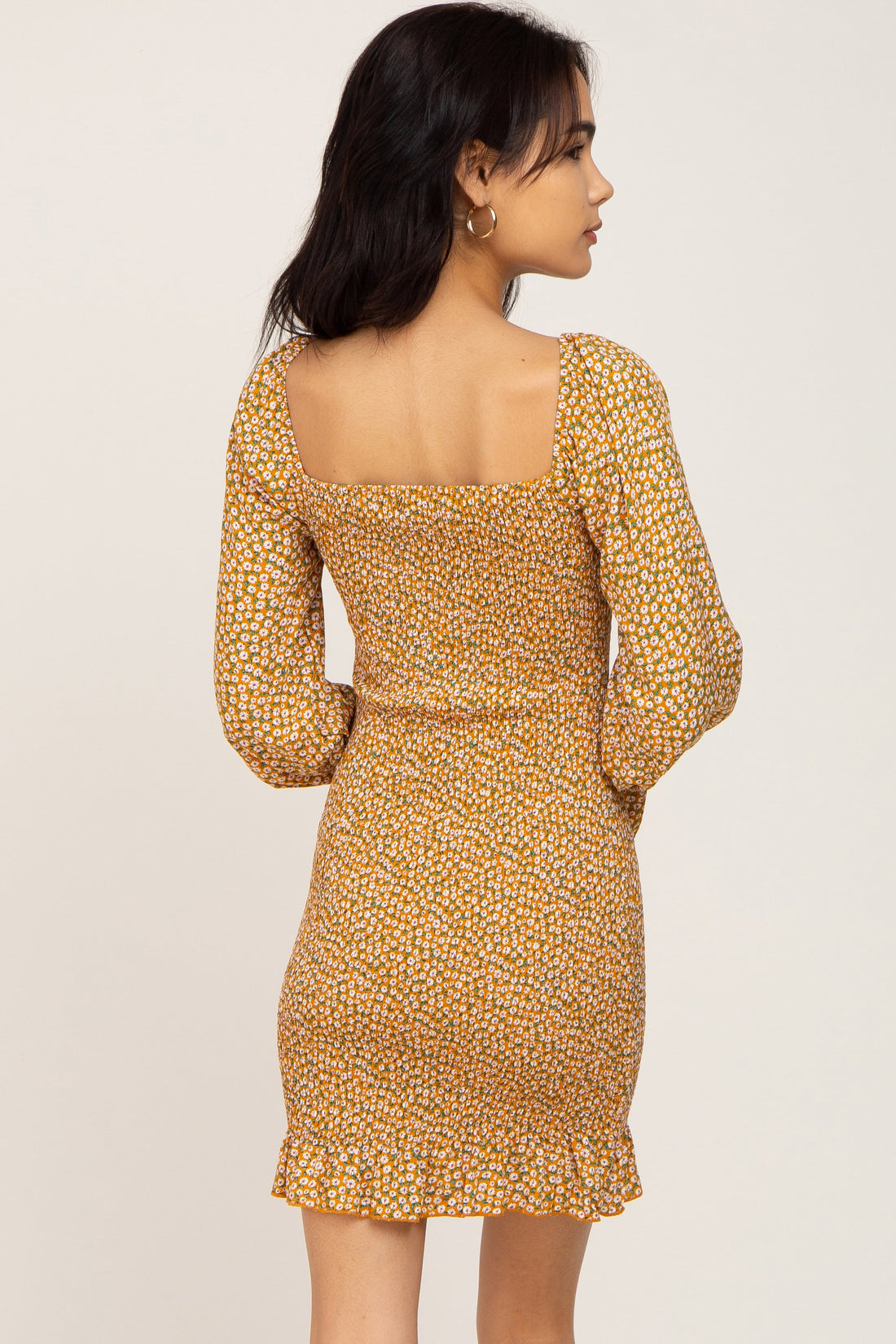Yellow Ditsy Floral Smocked Long Sleeve Mini Dress - Image 3