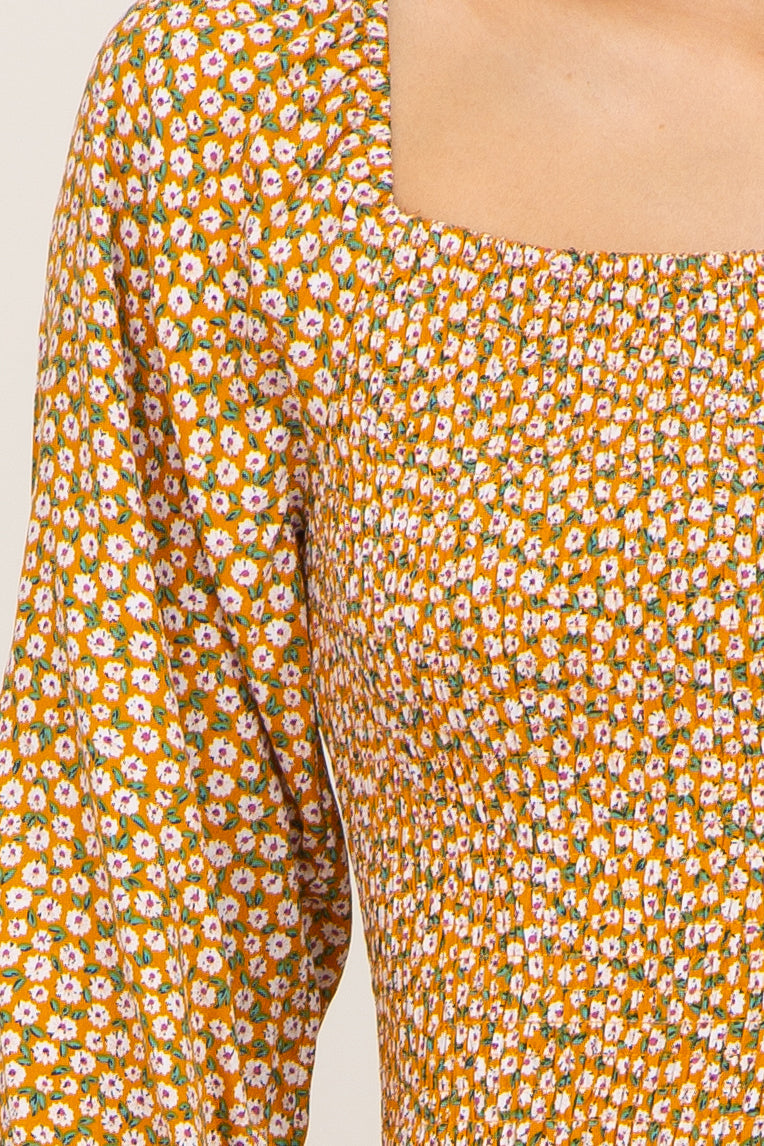 Yellow Ditsy Floral Smocked Long Sleeve Mini Dress - Image 4